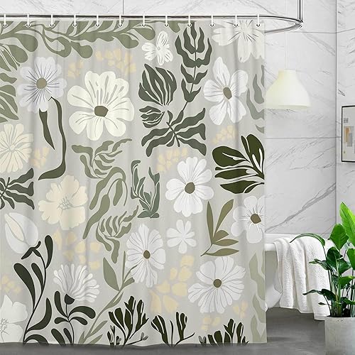 Miniatura 9 de Cortina de ducha botánica floral bohemia, bonita cortina de baño abstracta de mediados de siglo, flores modernas de mediados de siglo, primavera y