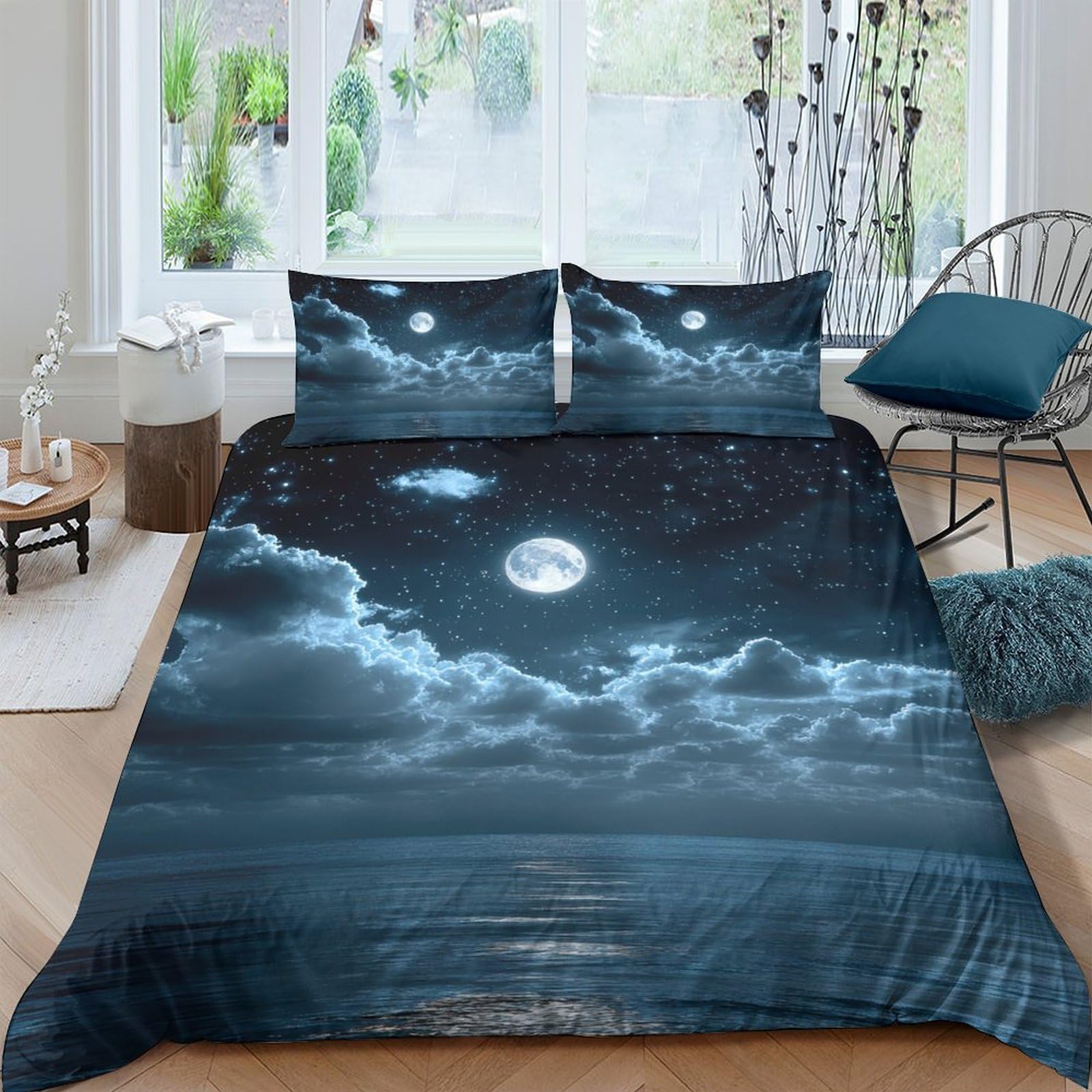 GPLZQXKJNH 3D Printed Moonlight Ocean Duvet Cover Microfiber Soft Breathable Night Sky Bedding Set with 2 Pillowcases for Bedroom Decor Single（135x200cm）