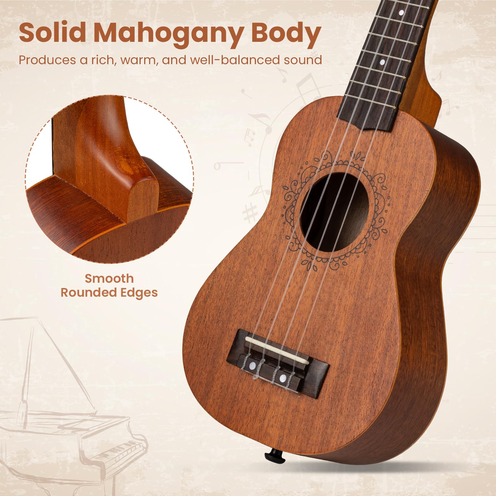 FANTASK 21 Zoll Holz Ukulele, 54 x 17,5 x 8 cm, Vintage Sopran Ukulele mit Tasche, Pick, Tuner, Gur & zusätzlichen Nylonsaiten, Kleine Gitarre Set, Gitarre Starter Kit für Kinder Erwachsene Anfänger