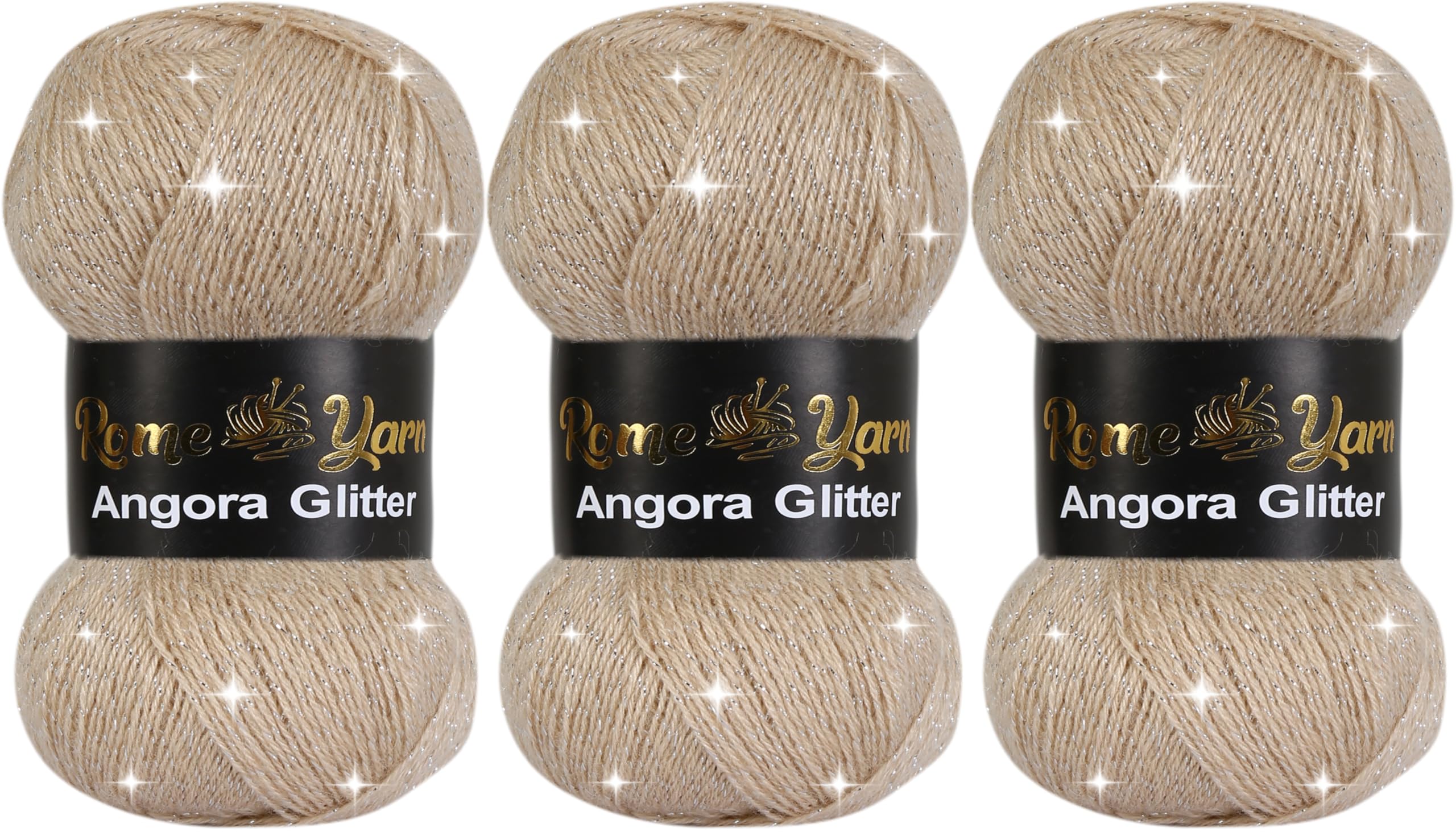 Rome Yarn Angora Glitter Yarn 3 Pack (3 x 100g) | Soft Metallic Sparkle Yarn | Acrylic Wool Blend | Knitting & Crochet | 500m Each (855 Light Beige) — image 1