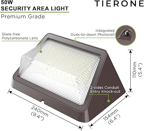 Miniatura 2 de TIERONE Paquete de pared LED de 50 W, fotocélula del atardecer al amanecer, accesorio de iluminación para áreas de seguridad comercial al aire