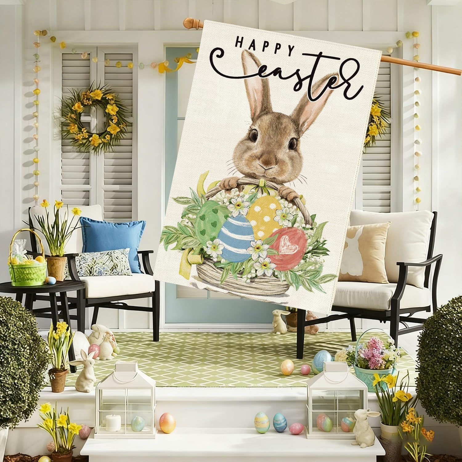 Baccessor Happy Easter House Flag 28 x 40 Inch, Double Sided Burlap Bunny Rabbits Laurel Colorful Eggs Basket Floral Farmhouse Large Yard Flag Seasonal Holiday Spring Easter Outdoor Decor - Image 2