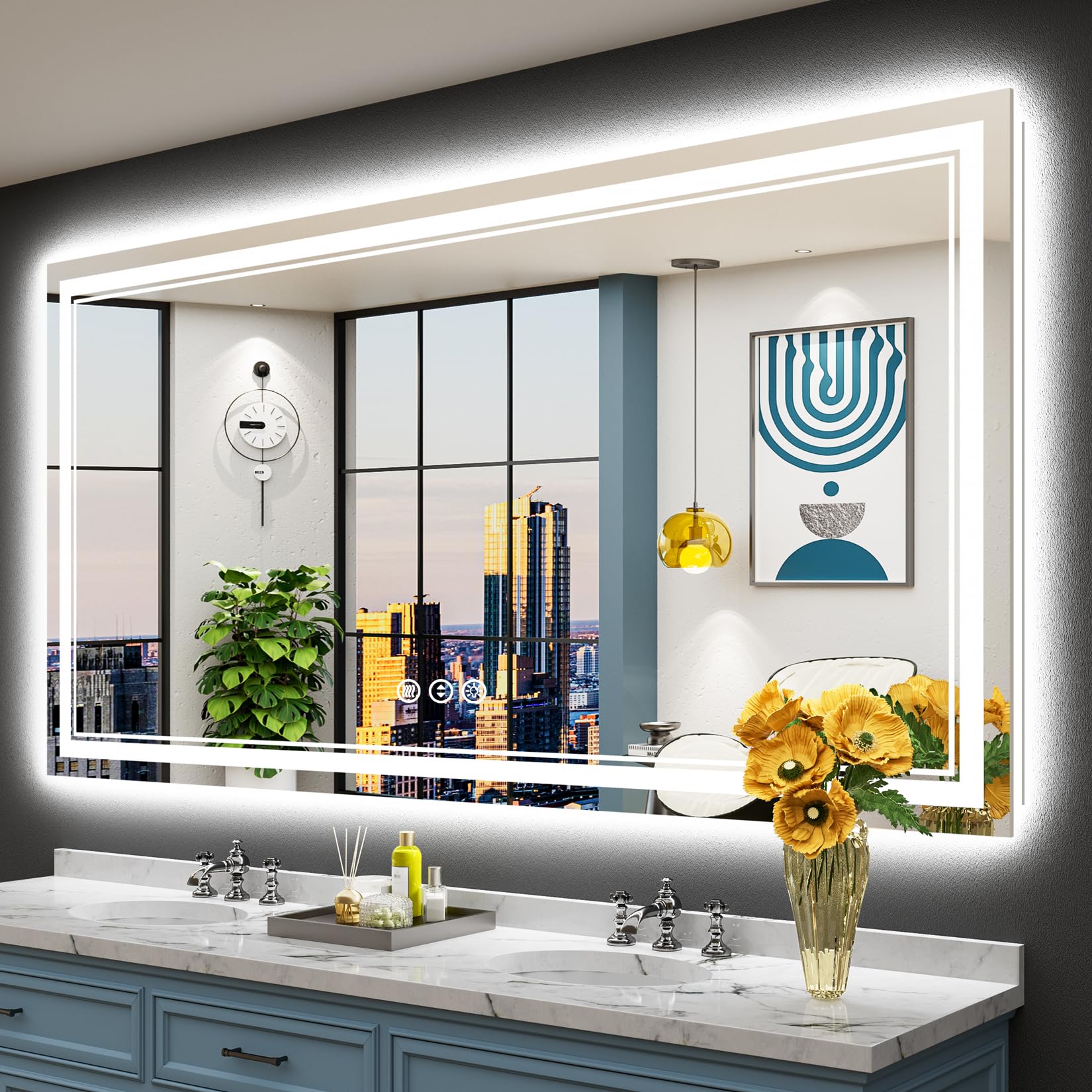 72x40 LED Bathroom Mirror with Lights, Backlit &amp; Front Lit Anti-Fog | Lighted Vanity Mirror, Dimmable, 3-Color Temp, Memory, CRI95, Tempered Glass, IP54 Waterproof, UL Listed, Horizontal/Vertical