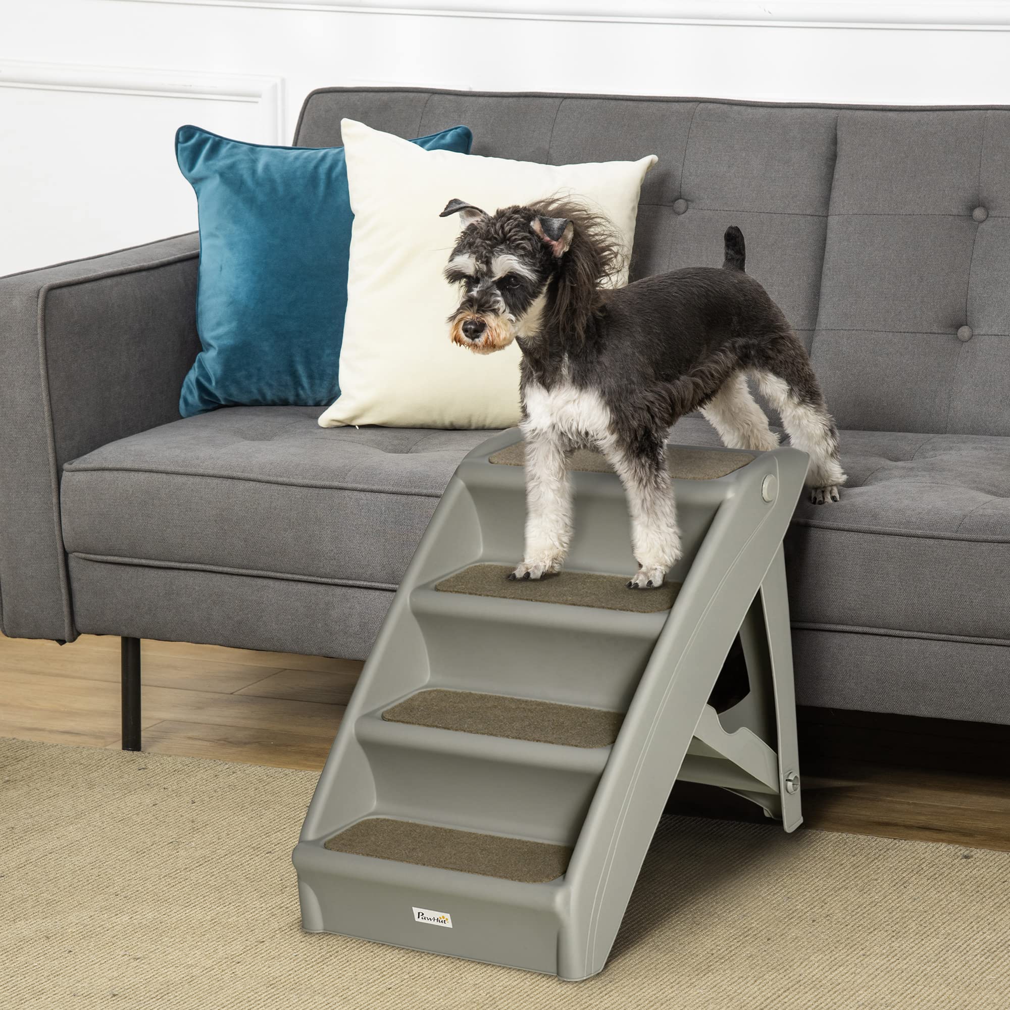 PawHut Escalier pour Chien Pliant 4 marches Antidérapantes, Portable en Plastique, Charge 10 kg, 62 x 38 x 49,5 cm, Gris