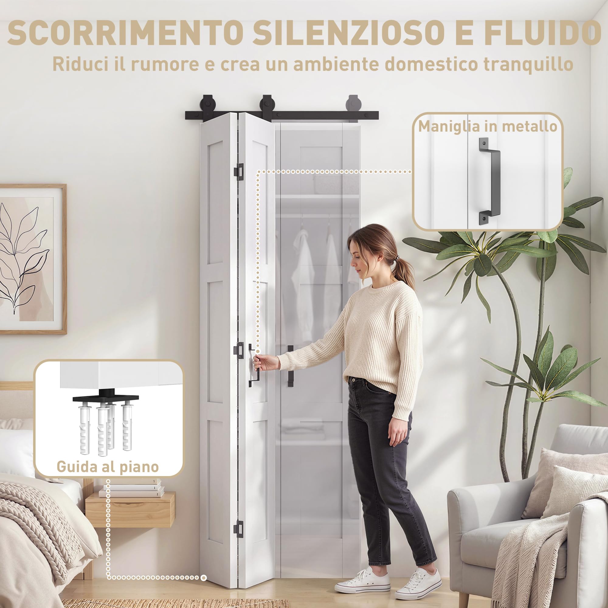 HOMCOM Porta Scorrevole Bi-fold Muro 71.2x213.4cm, Binario Silenzioso Acciaio, Maniglia, Guida, Ruote, Porta da Interno Stile Rustica, in MDF e Legno Pino, Impermeabile, per Cucina, Bagno