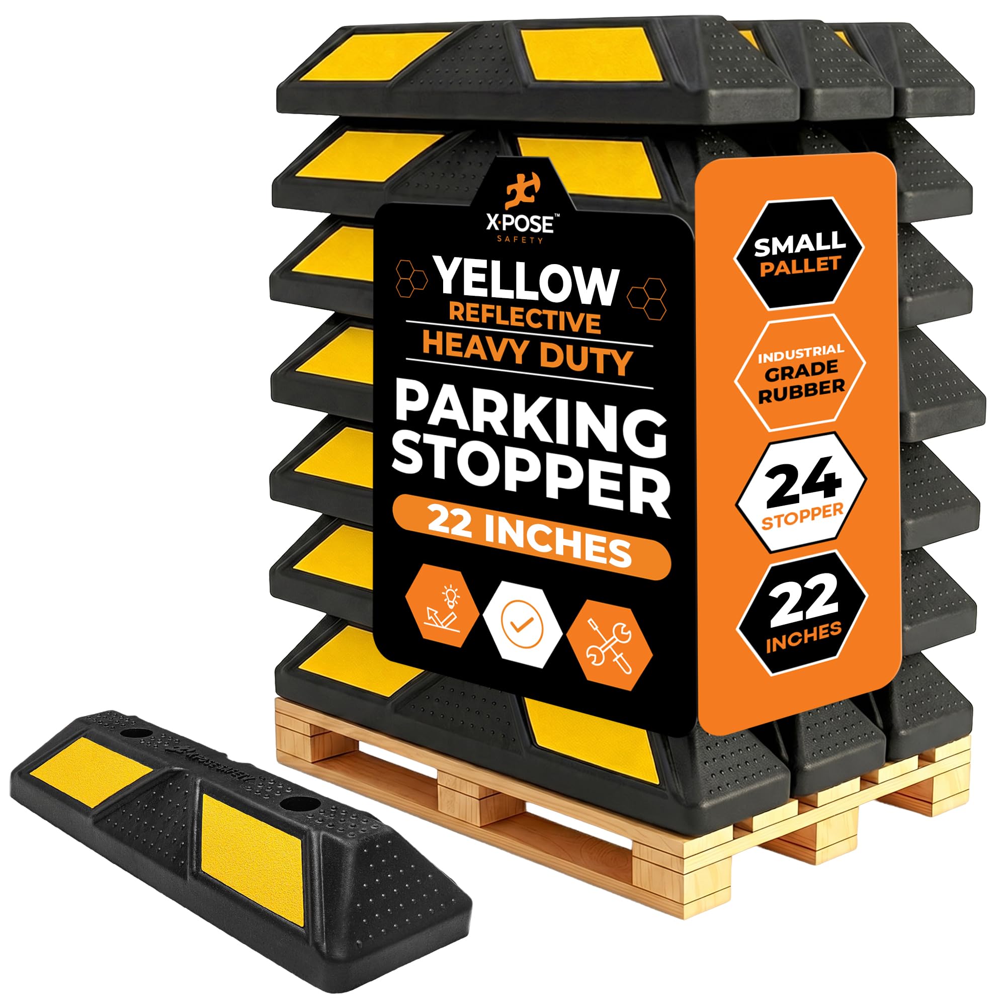 Xpose Safety 22" Heavy Duty Rubber Parking Stopper (Bulk Half Pallet 24 Pack) – Wheel Stops, Lot Bumpers &amp; Parking Curb for Garage, Driveway or Ramp – Car Bumper Stops with Yellow Reflective Strips