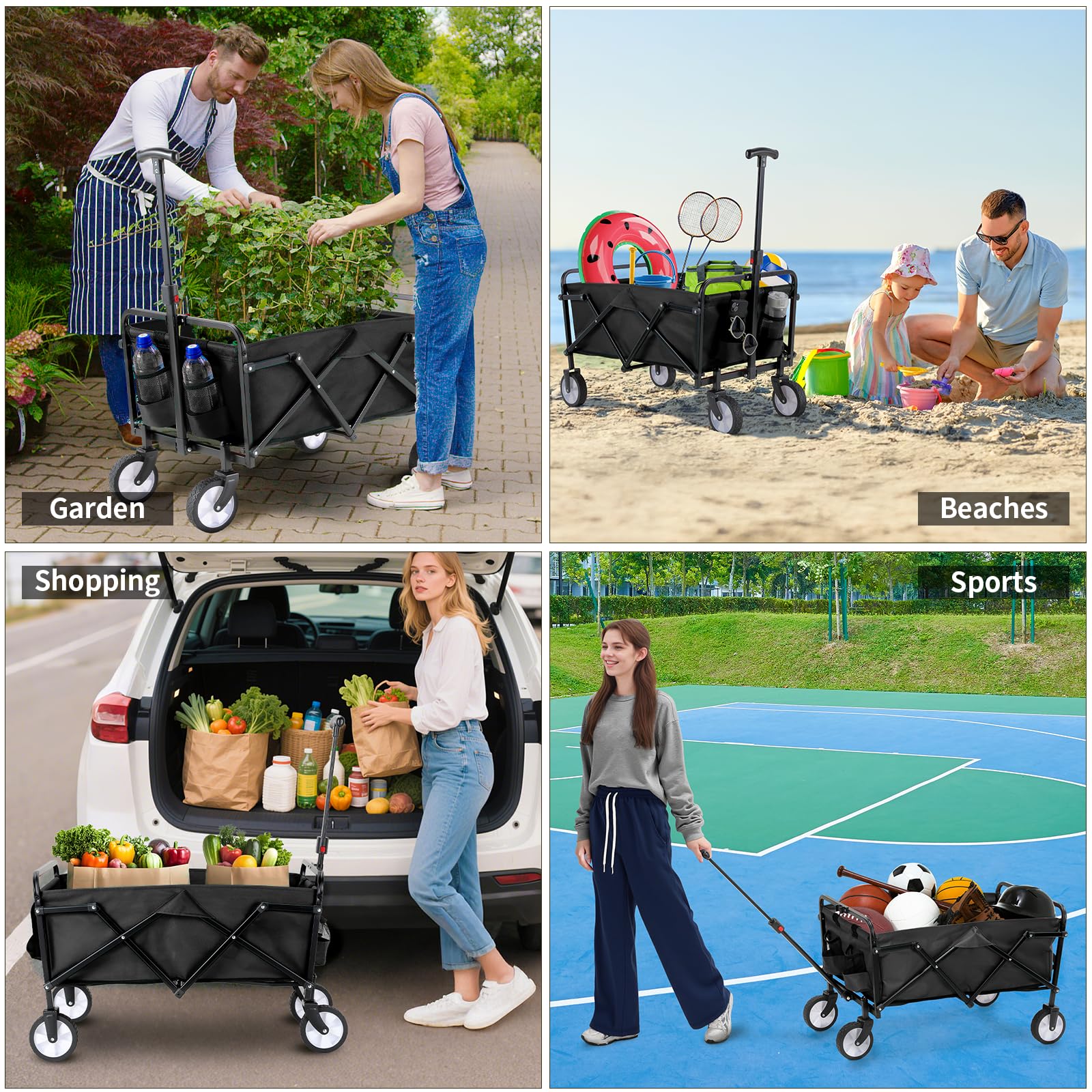 LIFERUN Carro Plegable, Carro de Jardín con Mango Ajustable, Bolsillos Laterales, Ruedas Todo Terreno, Capacidad de 60 kg, Carrito de Playa para Exteriores, Camping, Playa, Picnic, Compras