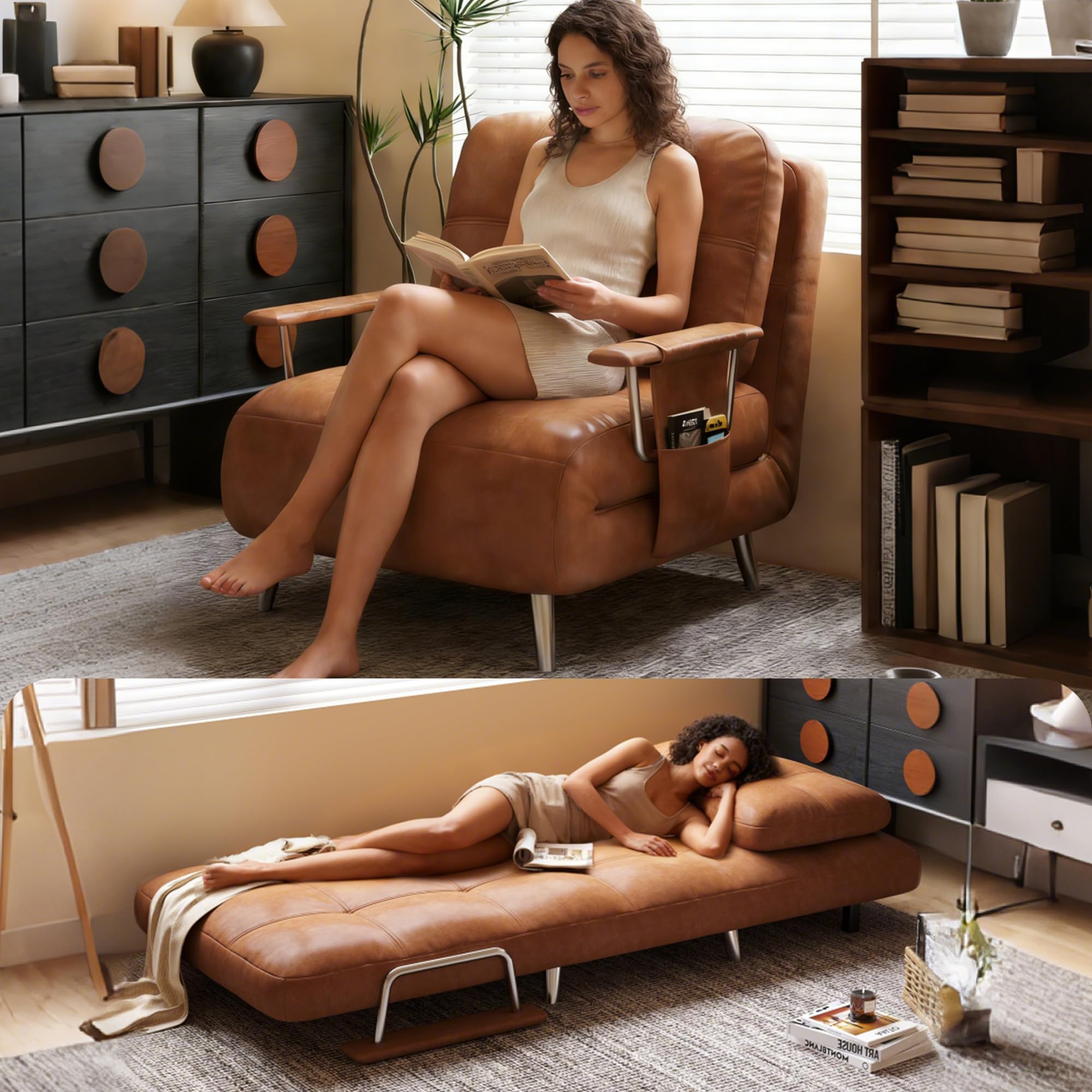 Convertible Faux Leather Sleeper Sofa,5-Position Adjustable Backrest, Waterproof Oil-Waxed Faux Leather, Mid-Century Style Couch for Small Apartment,Living Room,Office(Single Sofa bed-28.35")