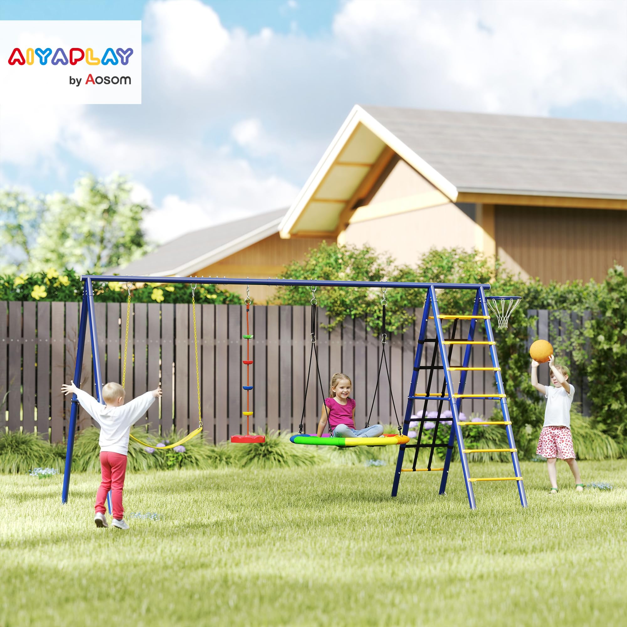 AIYAPLAY Columpios para Niños de +3 Años 6 en 1 Columpios Jardín Exterior con Columpio Nido Cuerda con Disco Red para Escalar Escalera y Aro de Baloncesto Multicolor