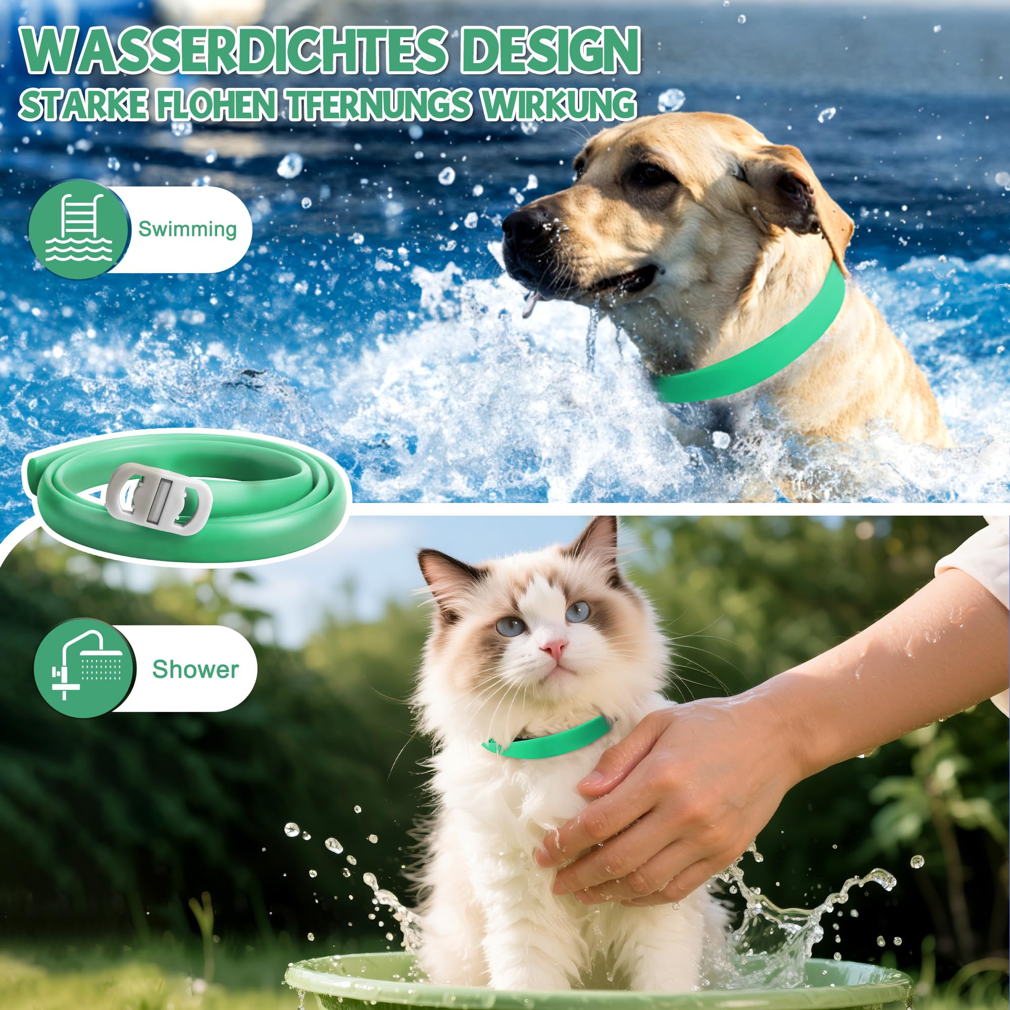 2 Pcs Floh Zeckenhalsband für Katzen & Hunde | Bis zu 16 Monate Langzeitschutz | Natürlicher Floh- und Zeckenschutz | Wasserdichter Verstellbares (Grün, Universal)
