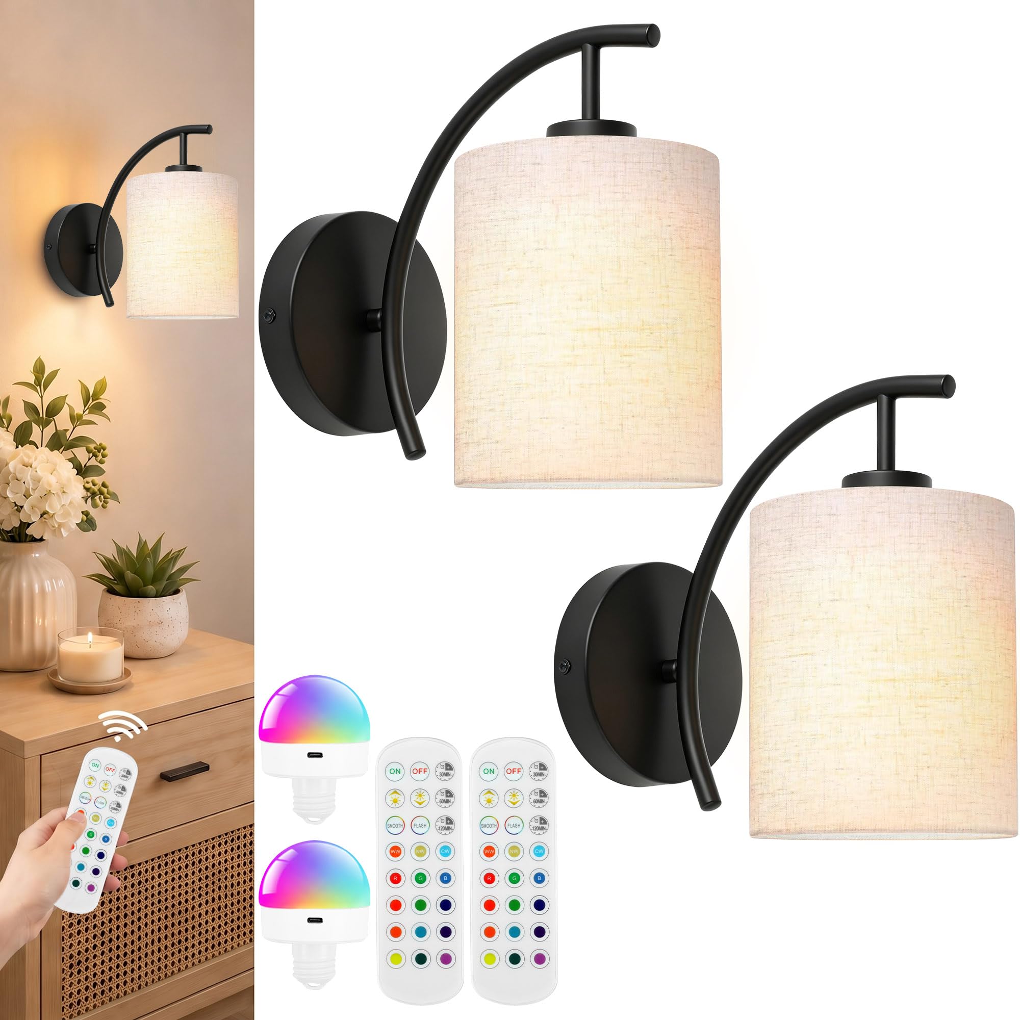 MATAMEYE Battery Operated Wall Sconce Set of 2, Black Wireless Wall Lights