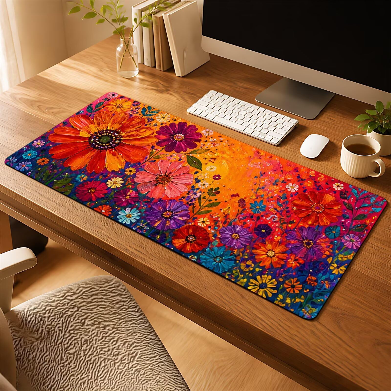 Grand Tapis de Souris de Jeu 1200x600x3 mm – Tapis de Bureau Antidérapant avec Bords Cousus, Haute Précision pour Ordinateur, PC et Gamer (Orange Violet Floral)