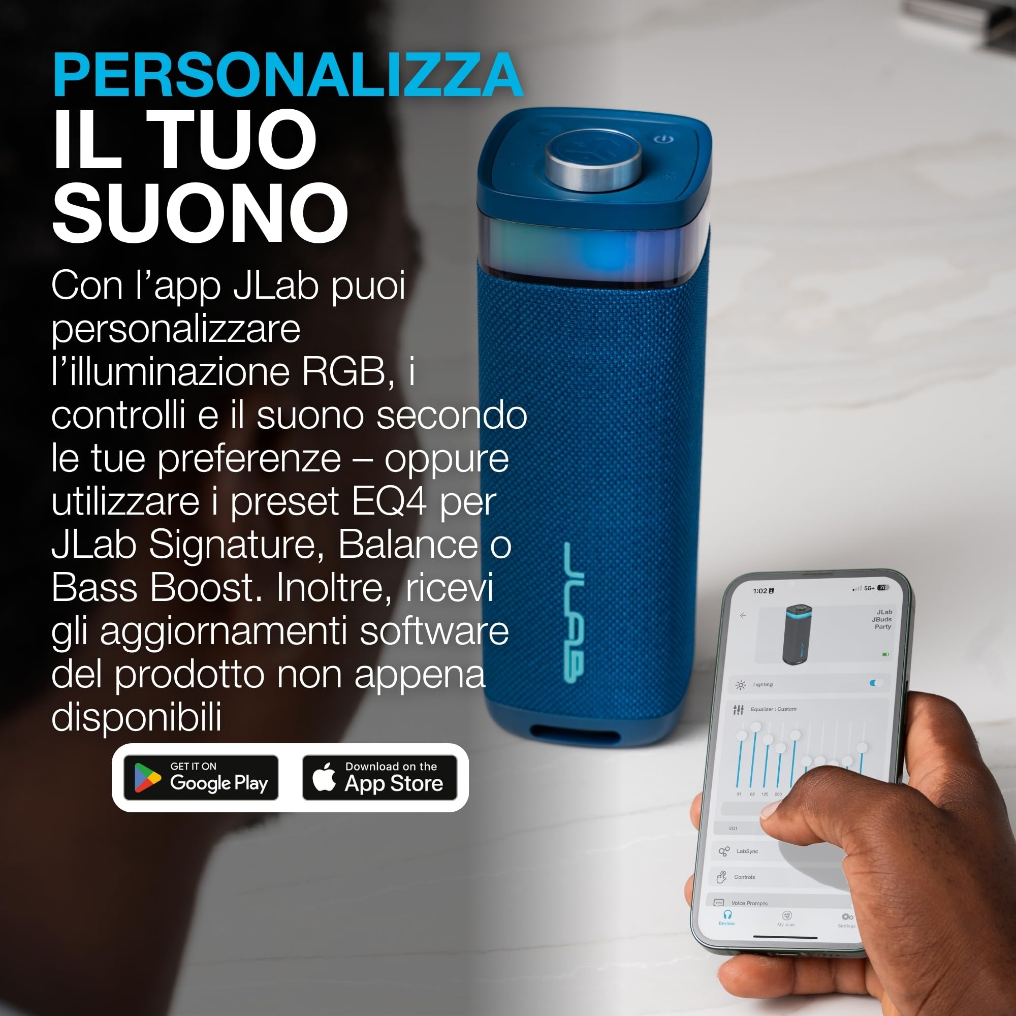 JLab JBuds Party Cassa Bluetooth Portatile - 12+ ore, Blu Navy | Altoparlante Wireless da 30W per Esterni e Viaggi con Luci RGB e Audio Potente, Resistente all'Acqua IP56