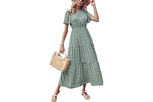 Womens Floral Summer Casual Flutter Sleeve Round Neck Smocked Waist Tiered Boho Flowy Maxi Dress