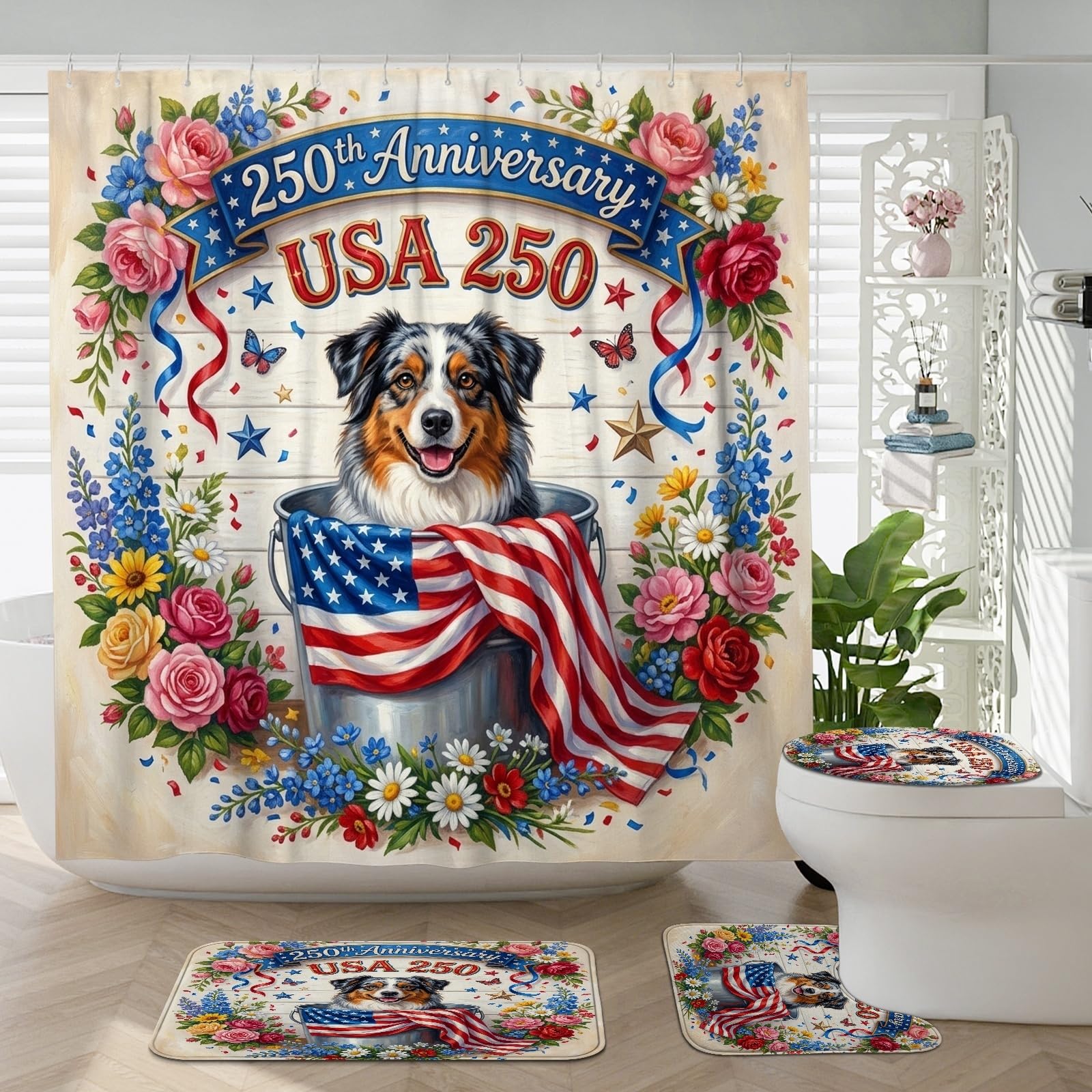 Rideau de douche motif berger australien tapis WC tapis bain bois 4 juillet