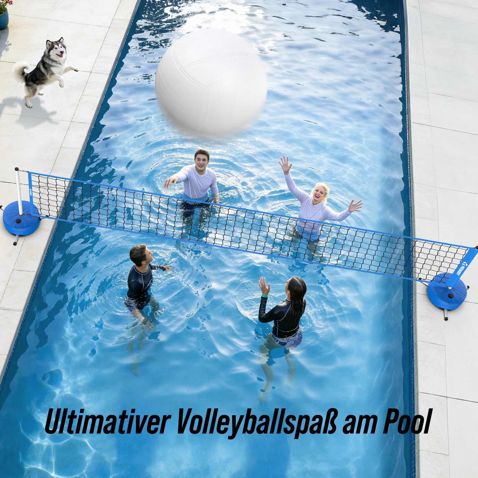 Pool Volleyball-Set, Tragbarer Volleyballnetz Verstellbar 4,5-9,1m mit Volleyball, Stabilem-Stangen Anti-Rost Beschichtung, 27L Wasserbeutel