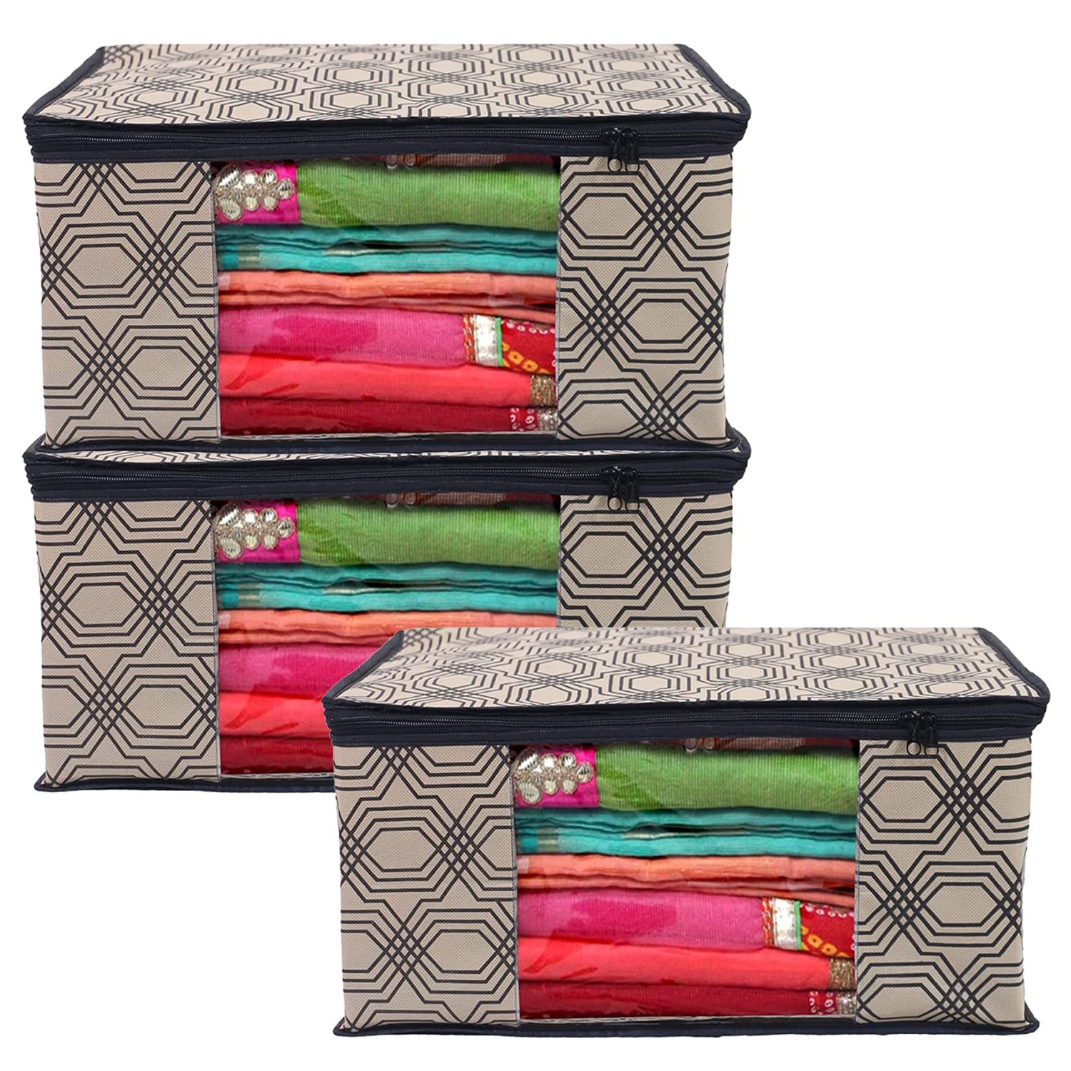 Kuber Industries Non-Woven Geometric Print Saree Covers With Zip|Wardrobe Organizer For Clothes|Transparent Window Keep 8 To 10 Saree|Suitable For Lehenga, Suit, Dress|Pack Of 3 (Beige & Black)
