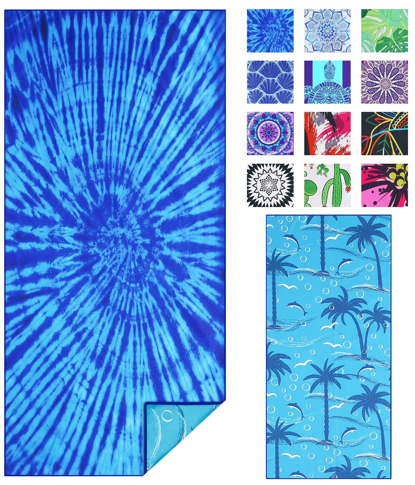 TwoYekMicrofiber Thin Beach Towel Lightweight Oversized 71x32 Extra Large Sand Free Towels Quick Dry for Travel Pool Camping Sports Beach Accessories Vacation Essential Gift Blue Tie Dye