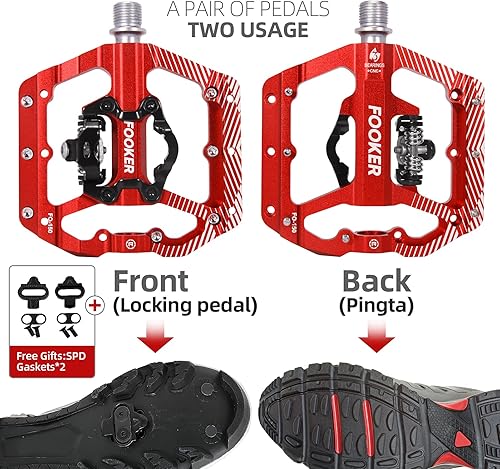 Miniatura 2 de FOOKER Pedales de bicicleta de montaña MTB plataforma plana de 3 rodamientos compatible con SPD doble función sellado pedales de aluminio sin clip