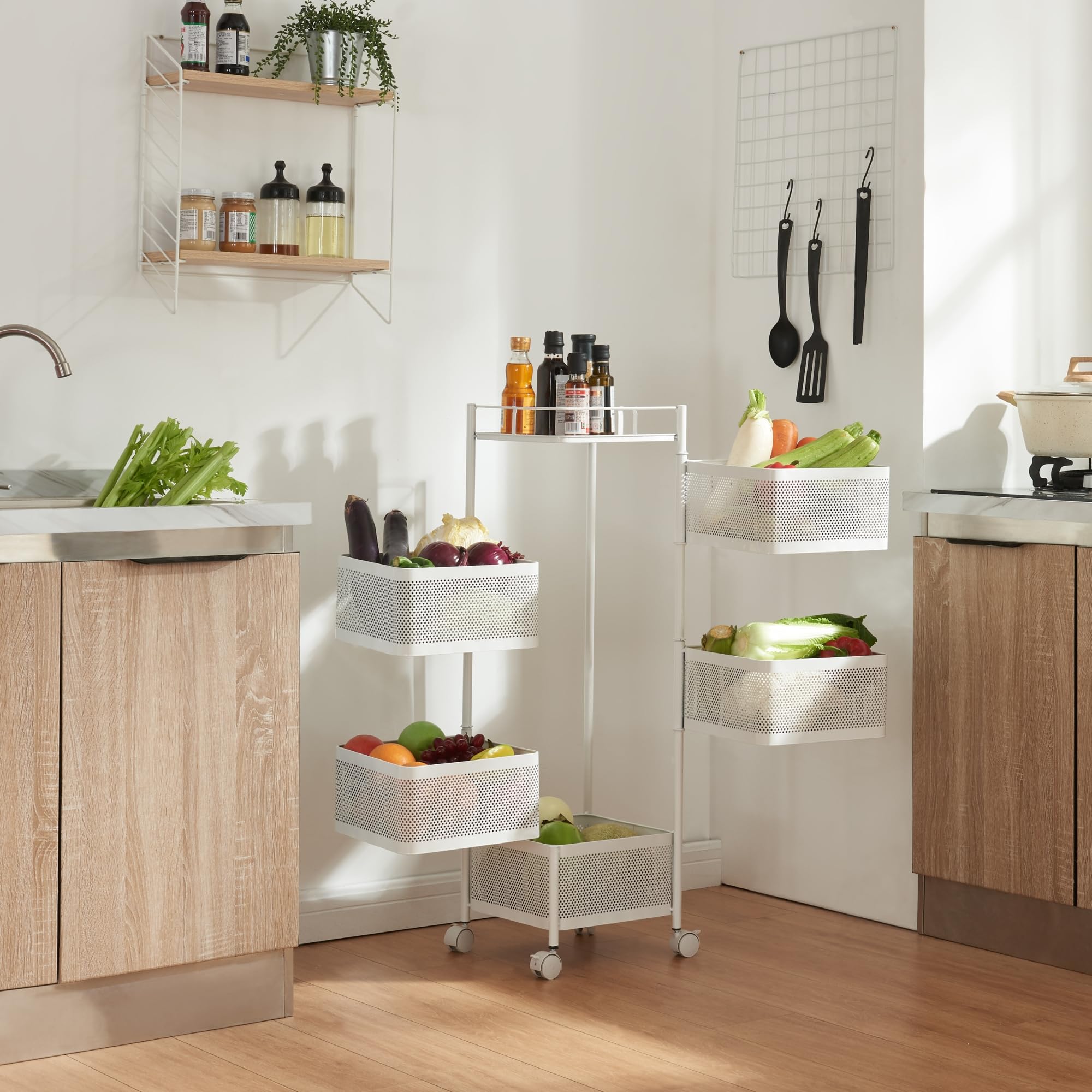 [en.casa] Carro de Servicio con 5 Cestas Rectangulares Verdulero con Paredes Perforadas y 4 Cestas Superiores Giratorias Carrito de Cocina Baño con 4 Ruedas Acero 95x27x27 cm - Blanco