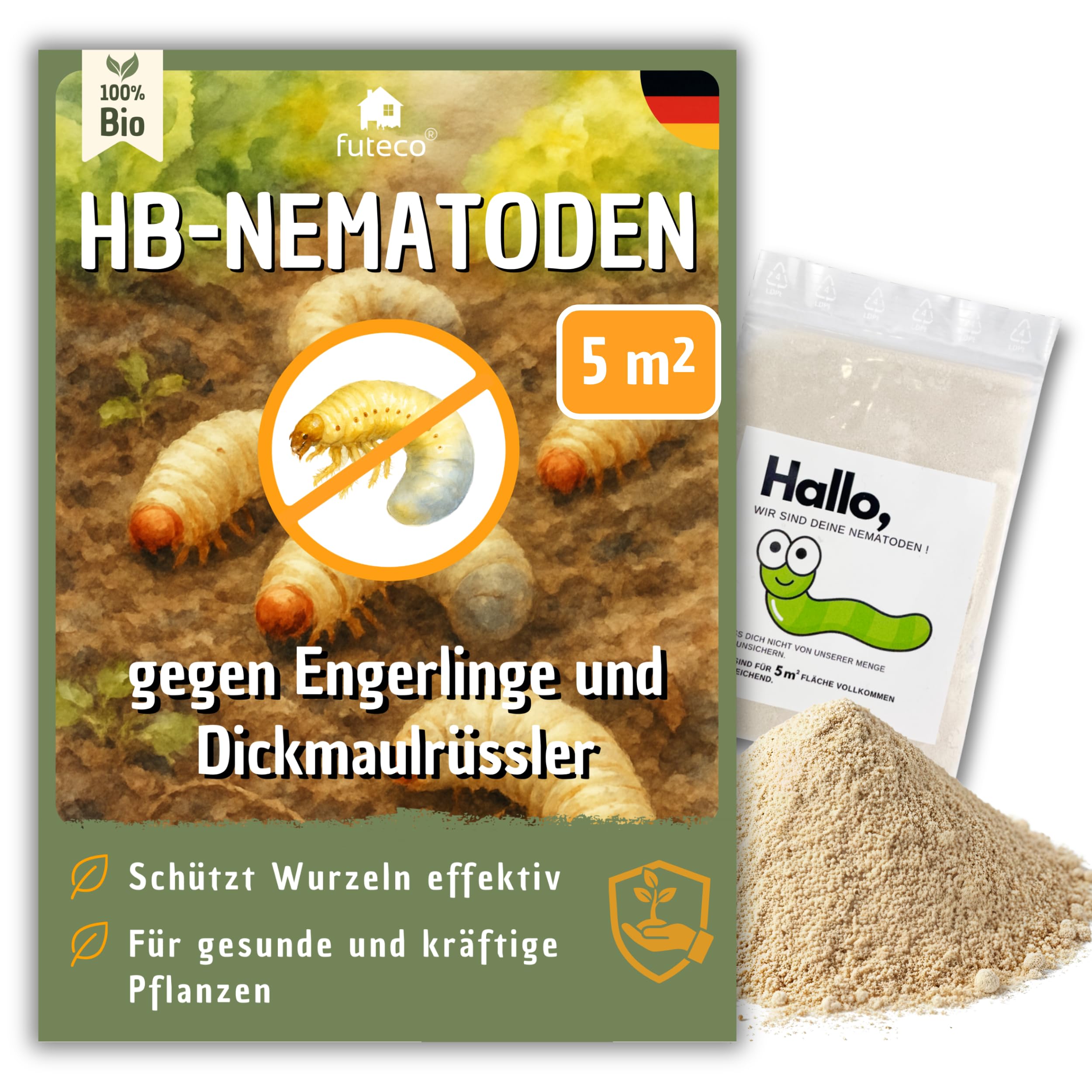 Futeco® – HB-Nematoden gegen Dickmaulrüssler & Engerlinge – für 5m² Fläche – zum einfachen gießen – 100% Biologisch, Chemiefrei & Natürlich – Made in Germany