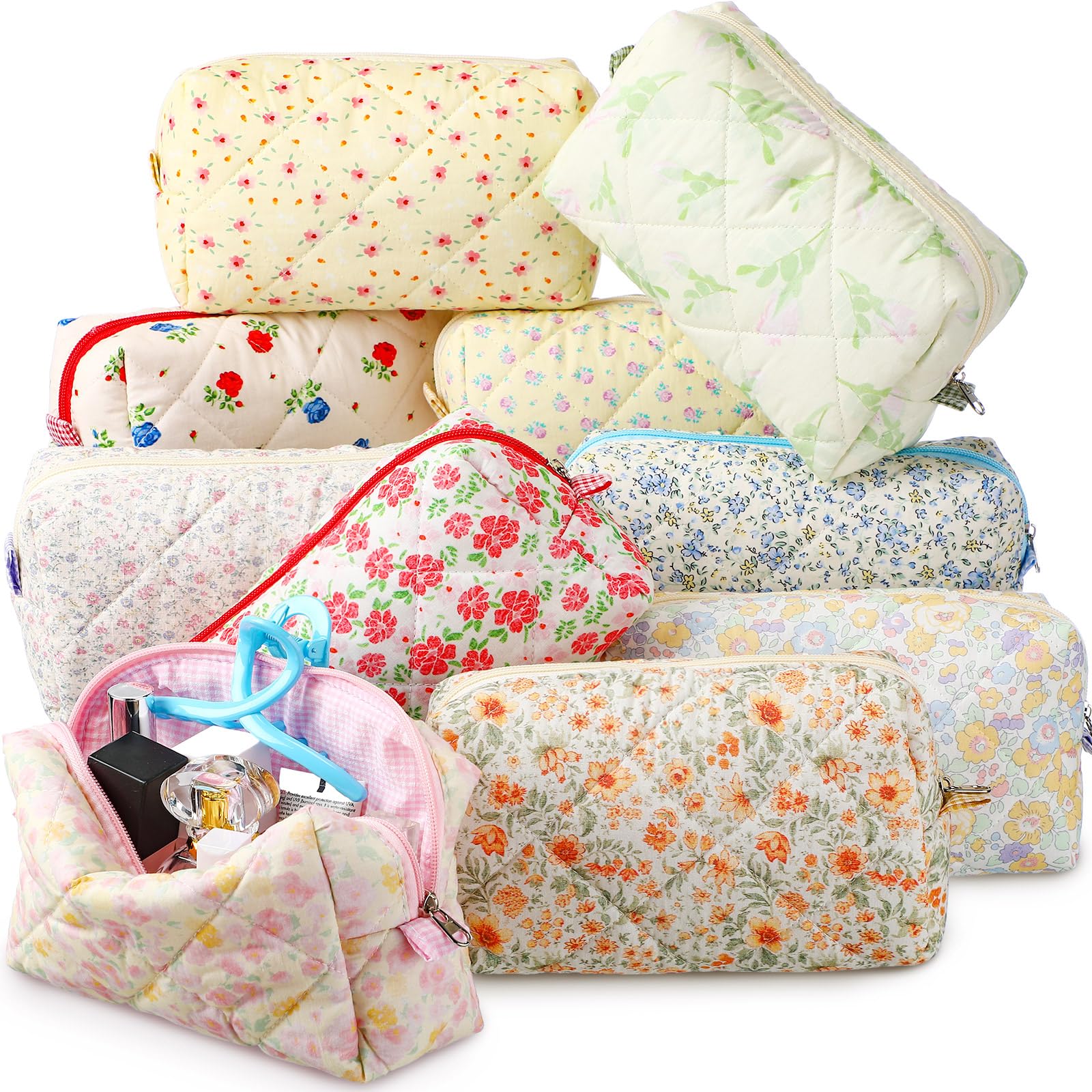 Paterr 10 Pcs Quilted Makeup Bag Bulk Cotton Floral Cosmetic Bag Women Girls Bridesmaid Gifts Cute Makeup Pouch Coquette Aesthetic Travel Toiletry