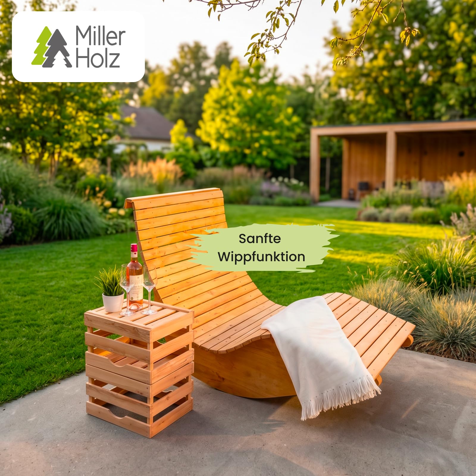 Sonnenliege Holz - 90 cm breit – ergonomische Gartenliege aus Eukalyptus mit Wipp-Funktion, wetterfeste Wellenliege für Garten, Terrasse & Sauna, geschwungene Relaxliege 90 cm breit