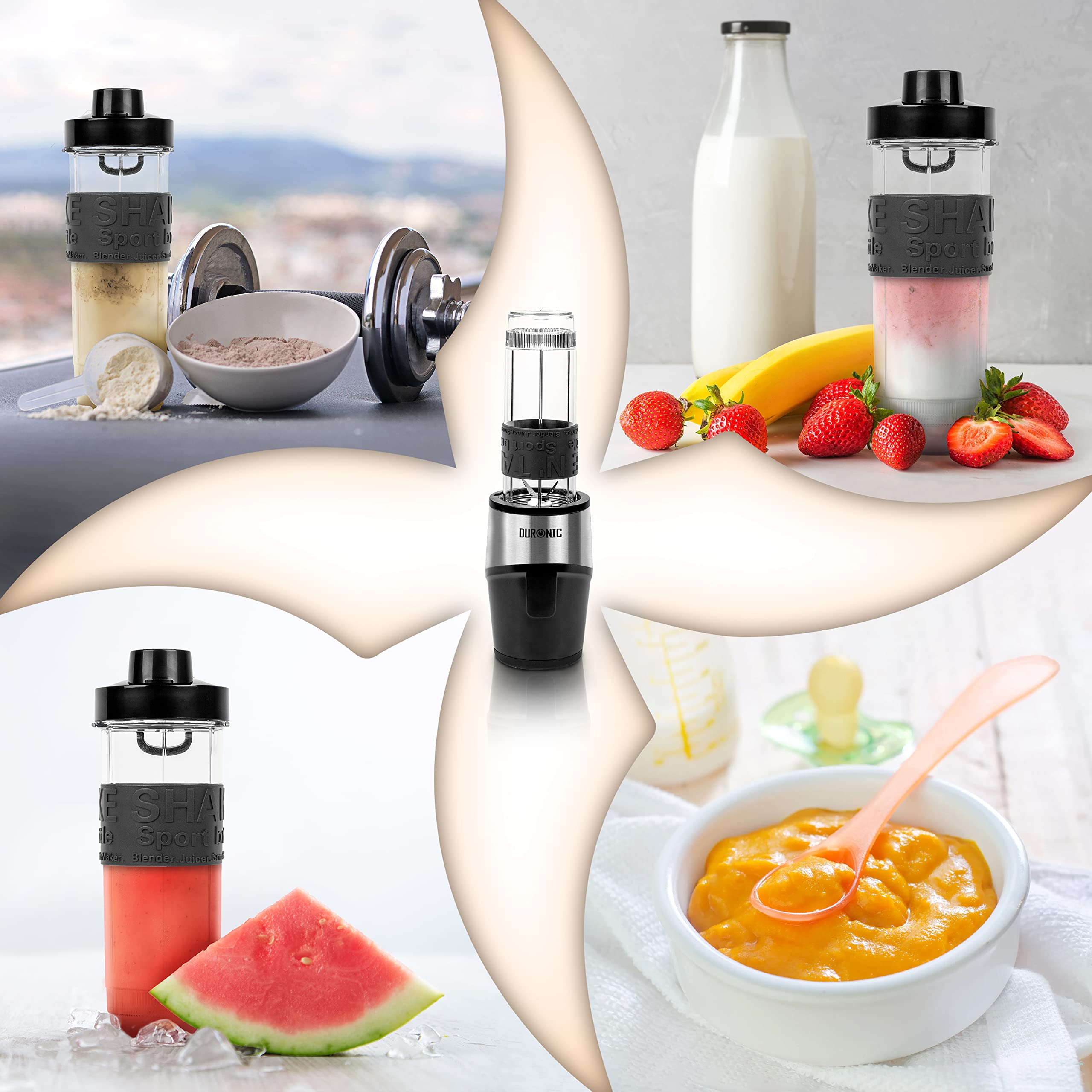 Duronic BL520 Mini Mixeur Blender portable de 500W 570 et 400 ml Bouteille Sans BPA Pour Smoothie Shakes protéinés Nourriture pour bébé Jus de fruits ou légumes Milkshakes Cocktail Sauces Purée