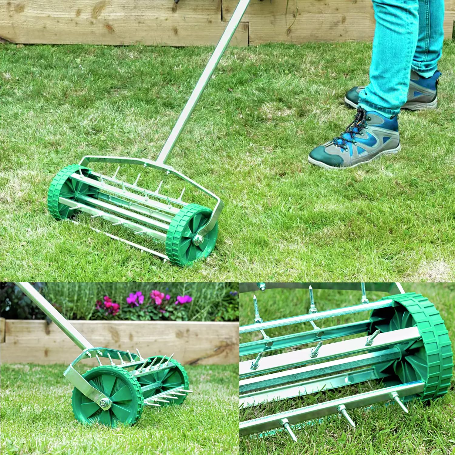 Crystals Rodillo aireador de césped, aireador de jardín, picos de metal resistentes, herramienta aireadora de césped con mango ajustable, herramienta manual de aireación de suelo de jardín con mango