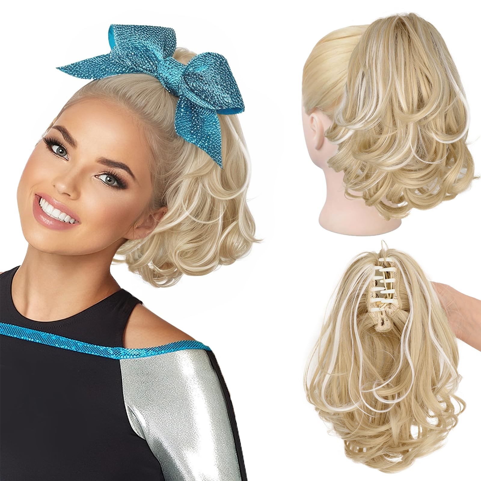 KooKaStyle Ponytail Extension, 10" Short Claw Clip in Pony Tails Hair Extensions Curly Wavy Synthetic Drawstring Hairpieces for Women(Blonde with White Highlights)