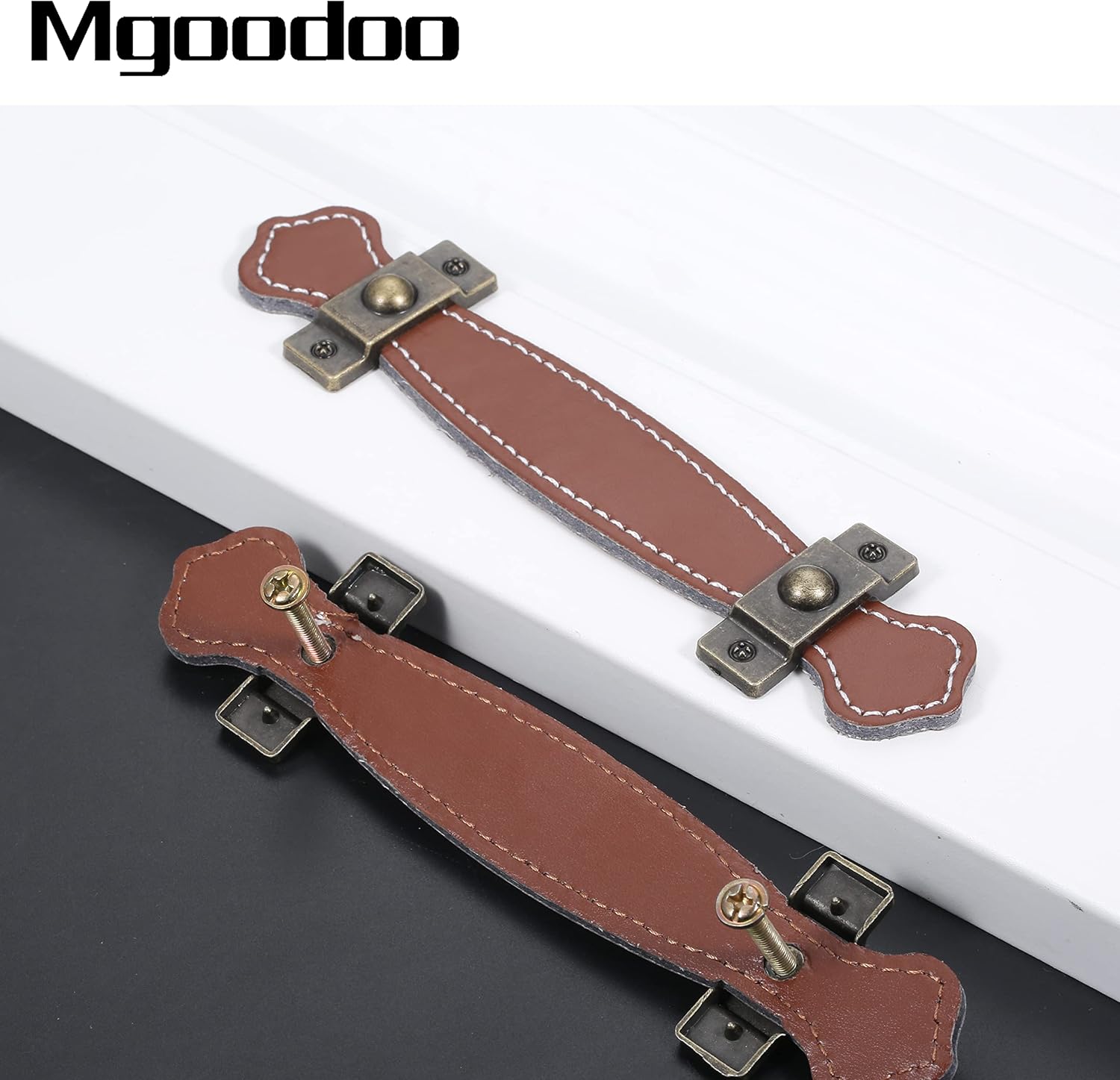 Mgoodoo Leather Drawer Pulls, 5PCS Cabinet Knobs 3-7/8inch Soft Handmate Leather Handles-Anti Rust, Perfect Replacement of Metal Dresser Closet Cupboard Wardrobe Furniture Door Pull, Brown
