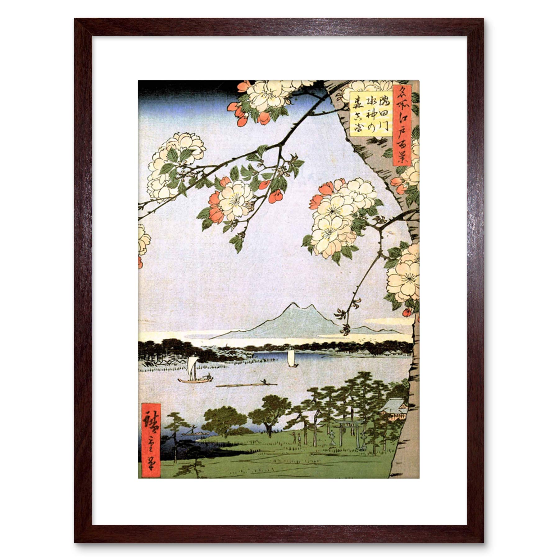 Wee Blue Coo Japanese Woodblock Cherry Blossom Ships On Water Framed Wall Art Print