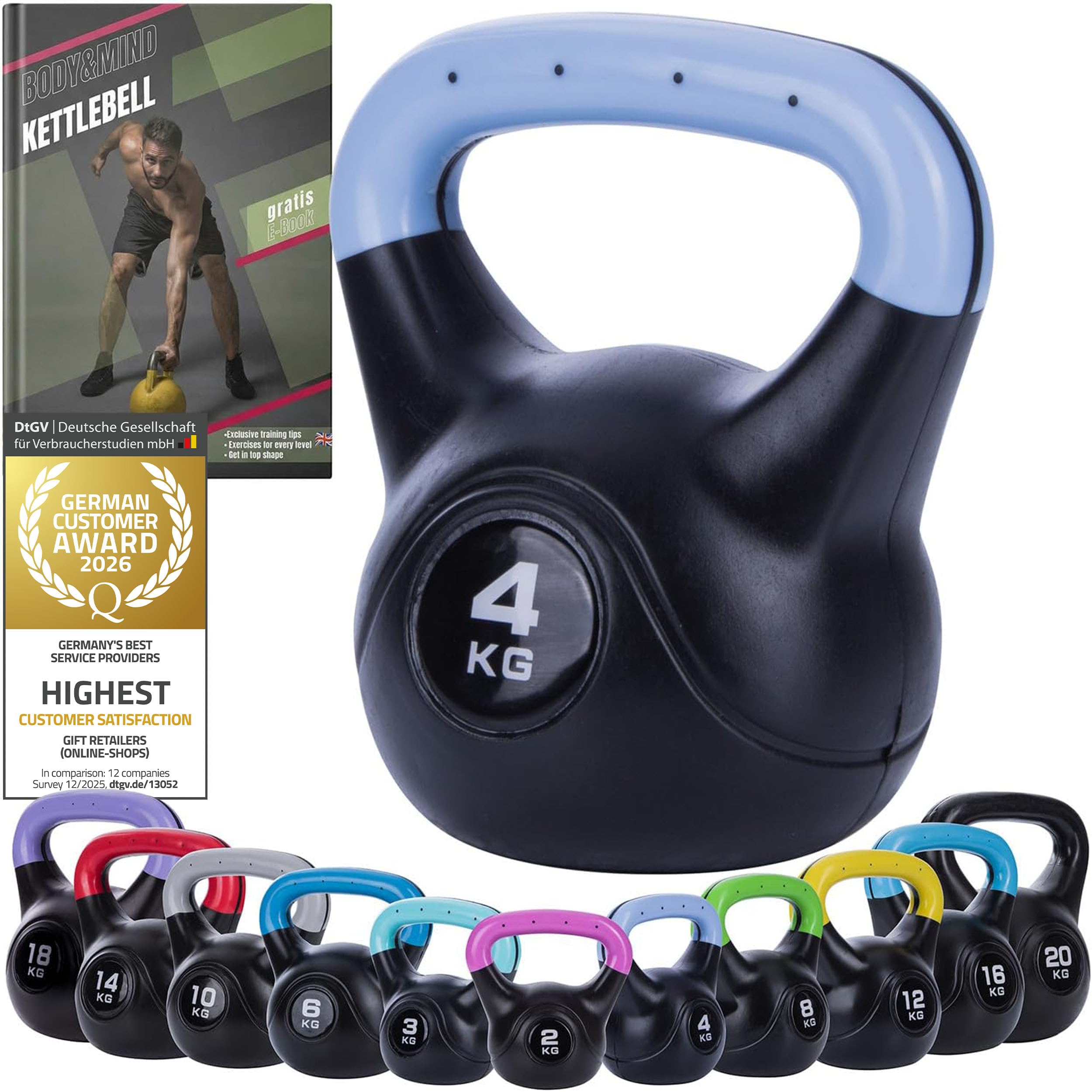 Body & Mind® Kettlebell Ball dumbbell plastic 2-20 kg - Workout weight dumbbell for strength training - Professional Fitness Swing dumbbell (4Kg)