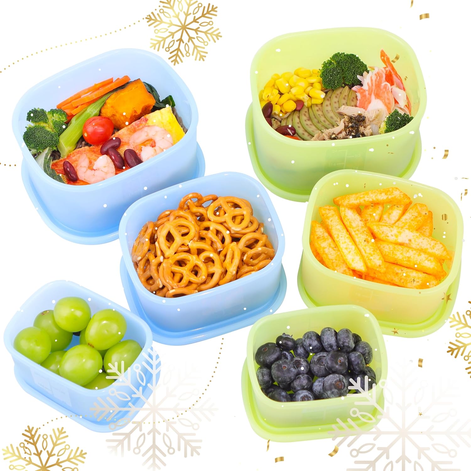 Silicone Food Storage Containers with Airtight Lids, Set of 6, 8oz + 16oz + 24oz, Nesting Meal Prep Container for Lunch, Leftovers, Fruits, Dishwasher & Microwave & Freezer Safe, Green + Blue