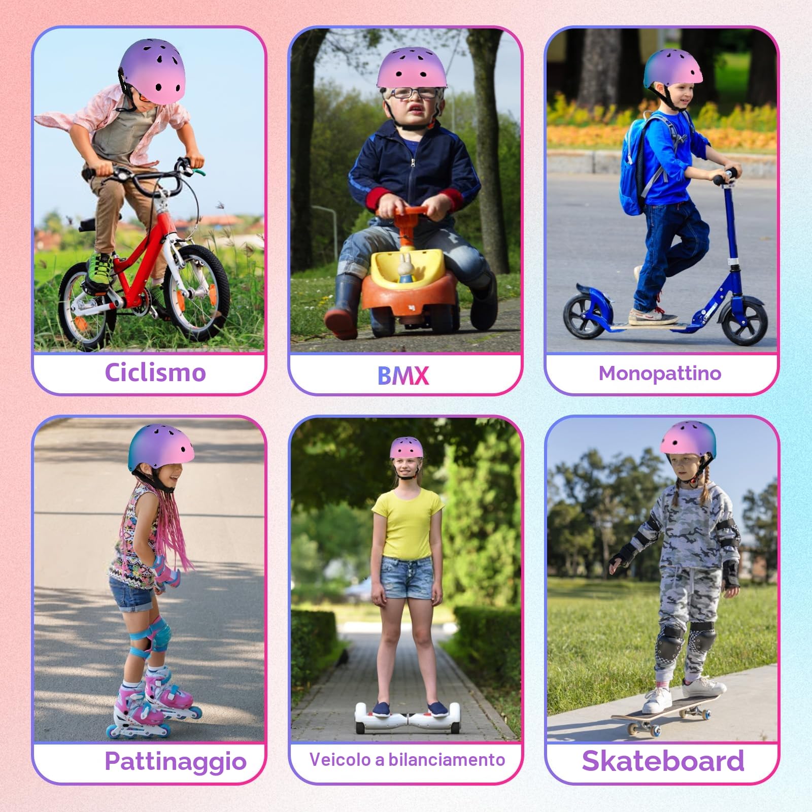 Casco da bici regolabile per bambina bambini Con gradiente di colore, Casco protettivo per ragazze ragazzi per multisport skateboard monopattino ciclismo pattinaggio