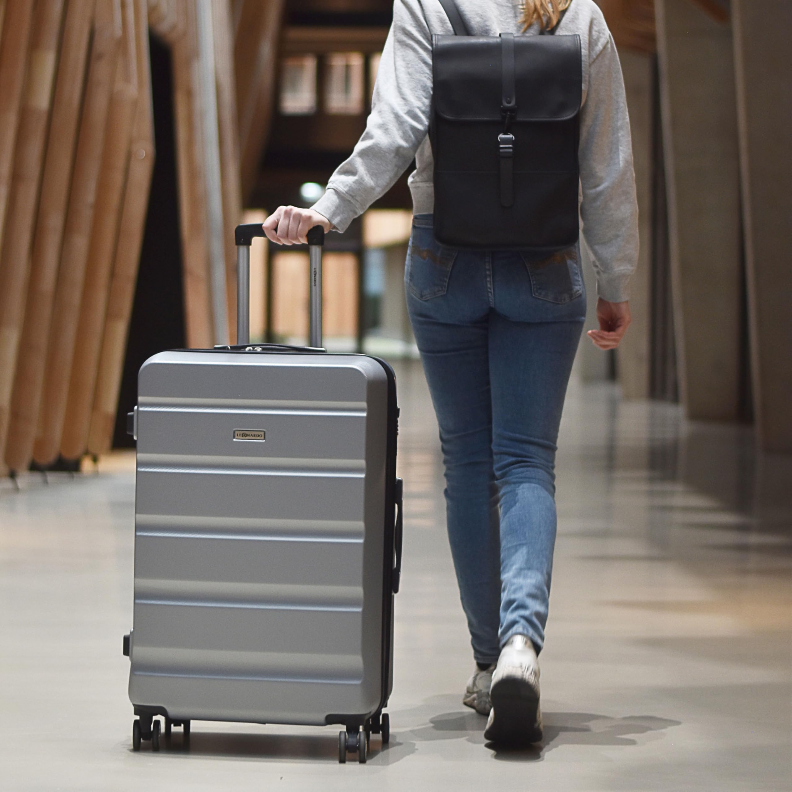 Leonardo® Set de 3 Valises avec Serrure TSA | Valise Cabine de Voyage | Bagage Moyenne | Grande Taille | avec 4 Roues Doubles | Hard Case | S-M-L Set | Venice | Argent