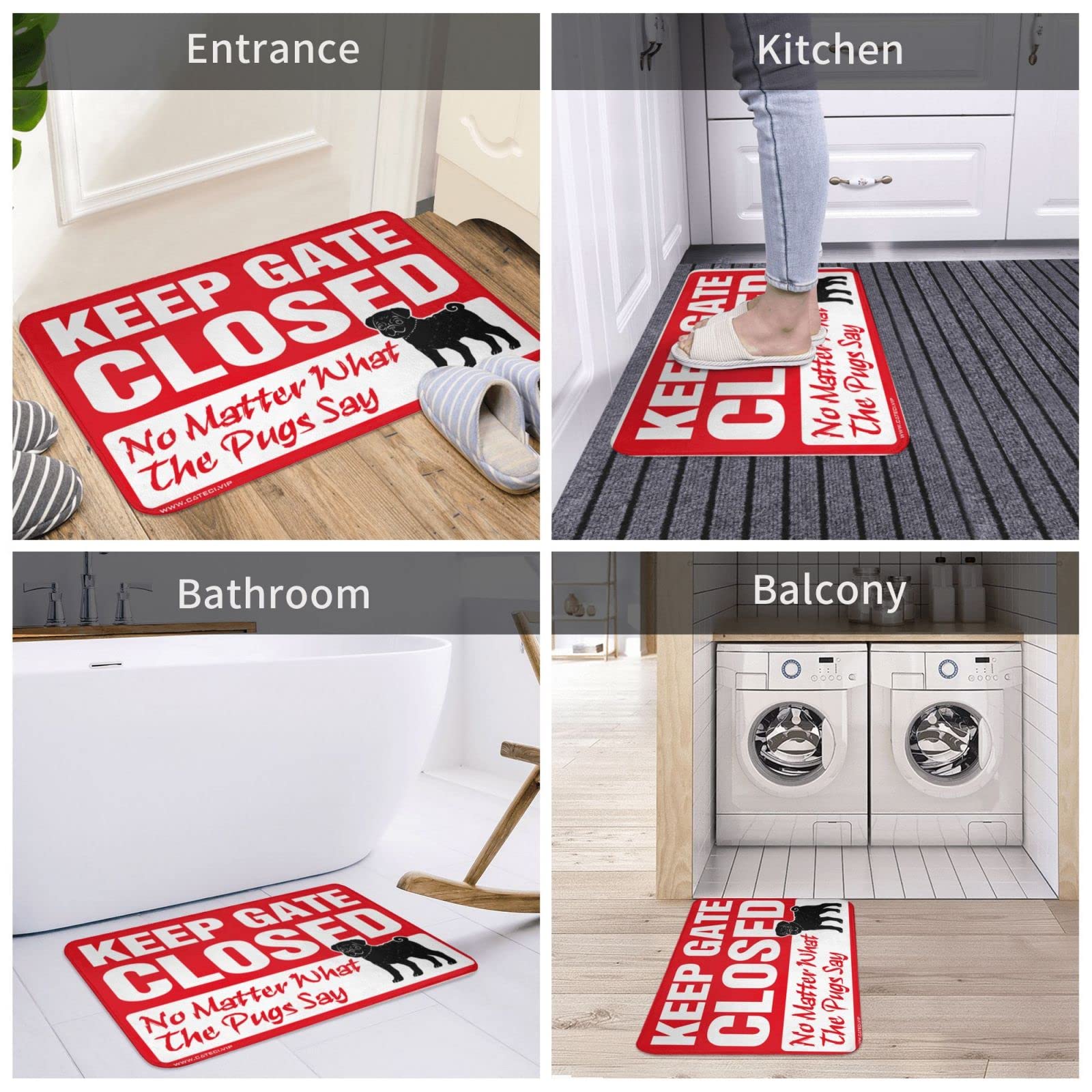 Zerbino per dormitorio con scritta "Keep Gate Closed Noter What The Pug Say", zerbino autunnale per interni (65 x 90 cm)