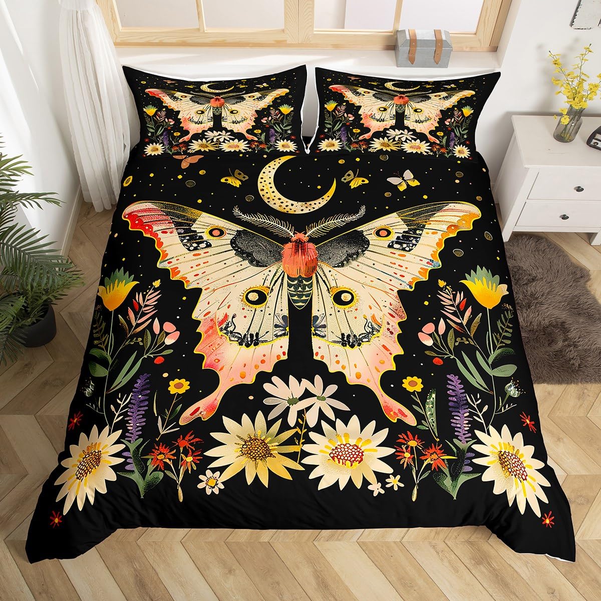 Homemissing Boho Butterfly Bedding Set Bohemian Moth Duvet Cover Set for Kids Boys Girls Moon Galaxy Comforter Cover Flower Weed Botanical Quilt Cover with 2 Pillowcases 3Pcs Bedding Double