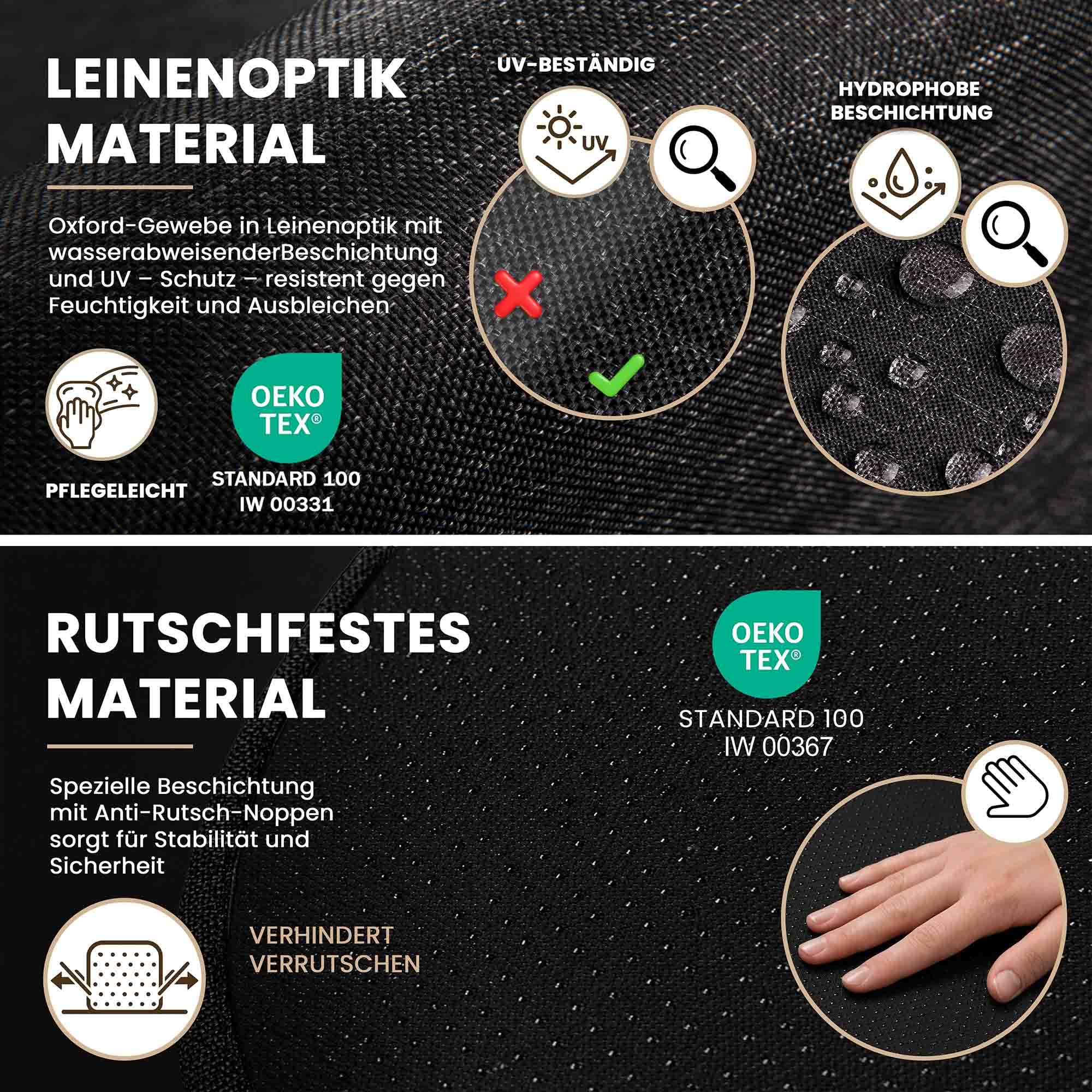 DreamRoots Sitzsack Outdoor Wetterfest - Bean Bag - Oxford 240 g/m² Leinenoptik - 8000 mm Wassersäule, UV-beständig - Mit Füllung & Hocker, rutschfest - Sitzsack für Kinder Schwarz