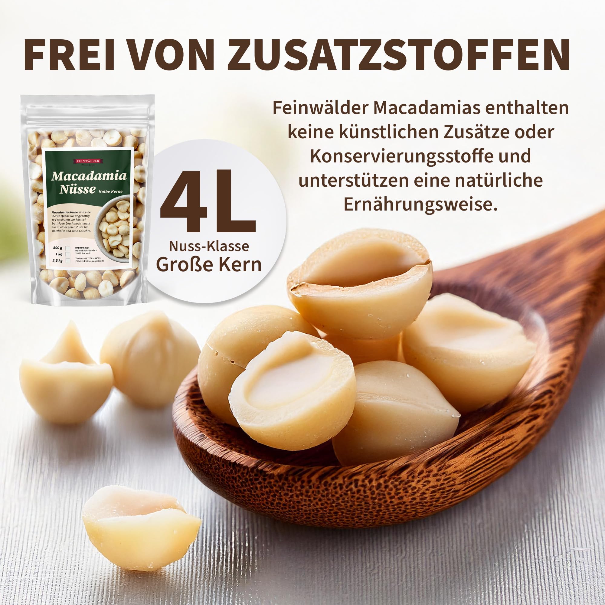 Feinwälder® Macadamianüsse Hälften 1kg Naturbelassen & Ungesalzen - Macadamia-Nüsse roh für Backen, Kochen & Snacks - Halbe Macadamia-Kerne, Macadamia-Nuss glutenfrei & vegan