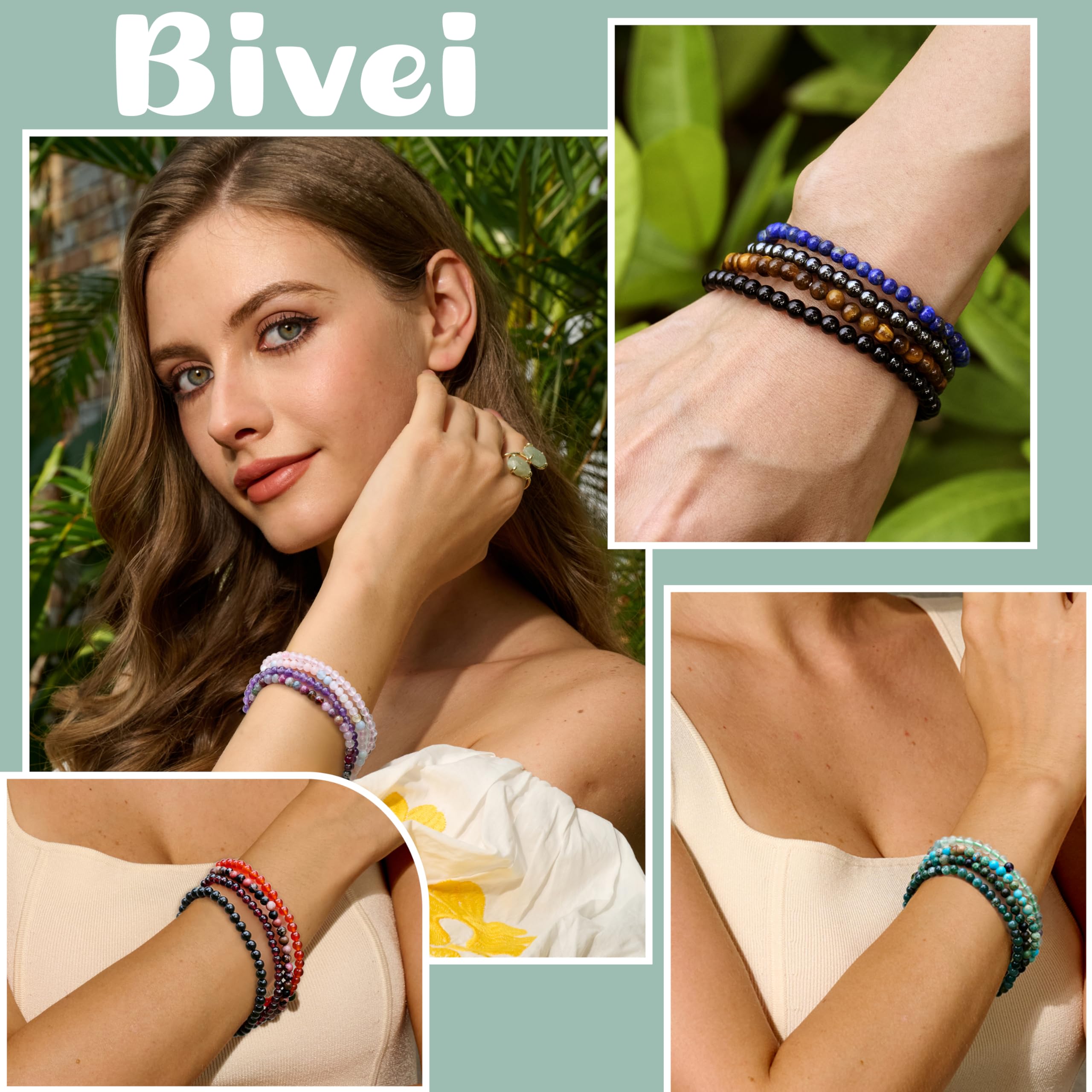 Bivei Braccialetto di Cristallo per Donna 4mm Perle Pietra Semipreziosa Naturale Elastico Estensibile Gioiello Regalo Yoga