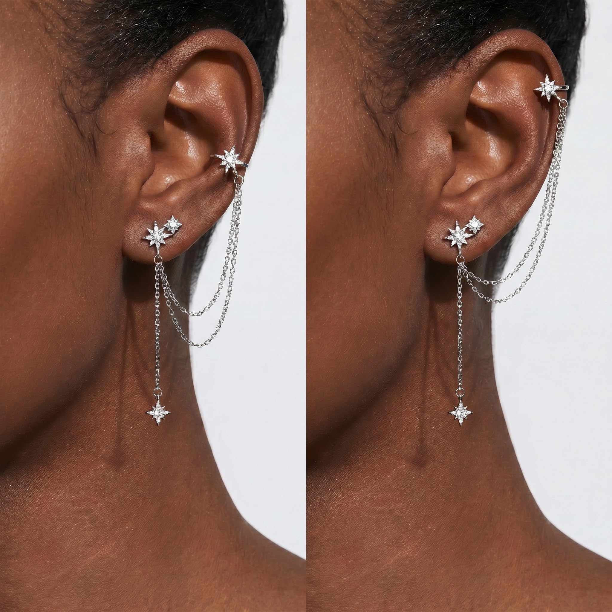 SLUYNZ 925 Sterling Silber Mode Stern Manschette Ohrring Kette für Frauen Damen Wickeln Ohrringe Tropfen Ohrringe Lange Ohrringe Quasten