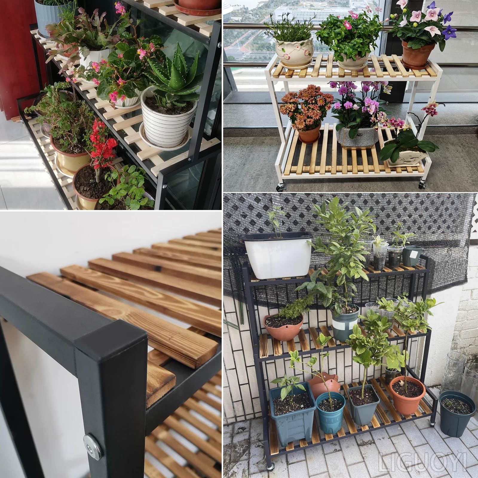 LIGUOYI Pflanzentreppe Blumentreppe Aus Metall Mit Rollen, 2, 3 Ebenen Blumentopf Ständer Platzsparend Blumenregal Pflanzenregal Für Indoor Outdoor Garten Balkon, Organizer Regal Schuhregal