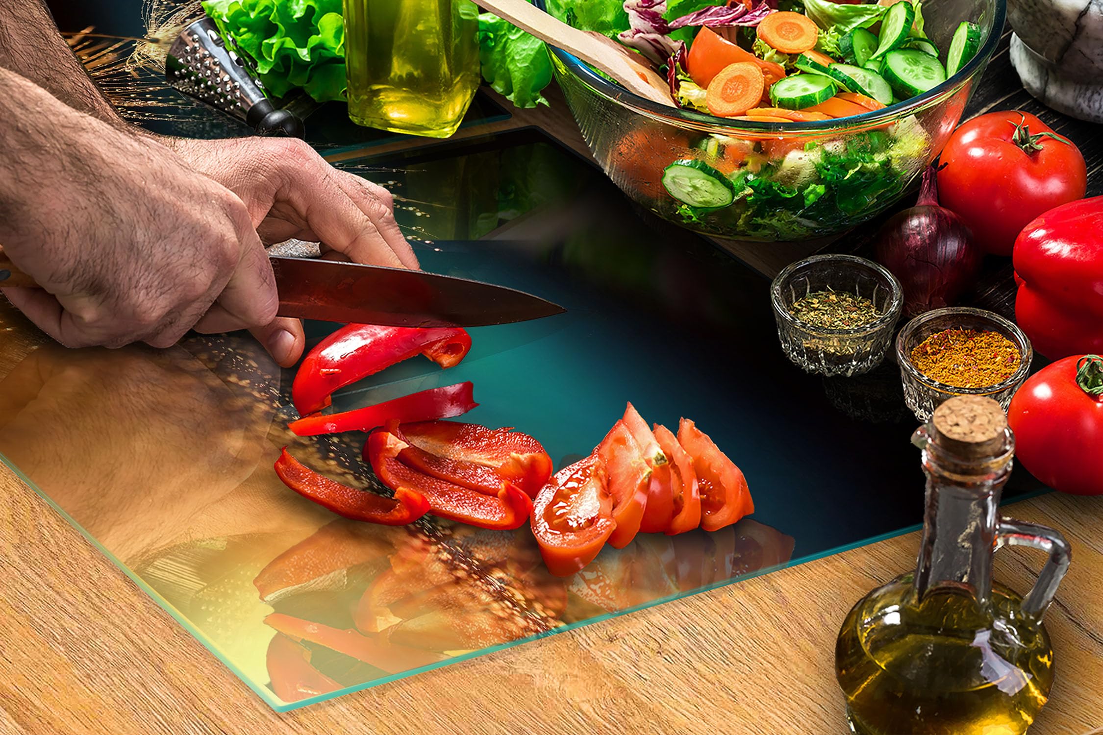 DarHaus Tabla De Cortar Decorativa De Cristal Templado Y Cubre Vitro, Placa Protectora De Vitrocerámica 85 X 52 Cm 2 Piezas, Para Inducción, Protección Contra Salpicaduras, Decoración, ESPECIAS