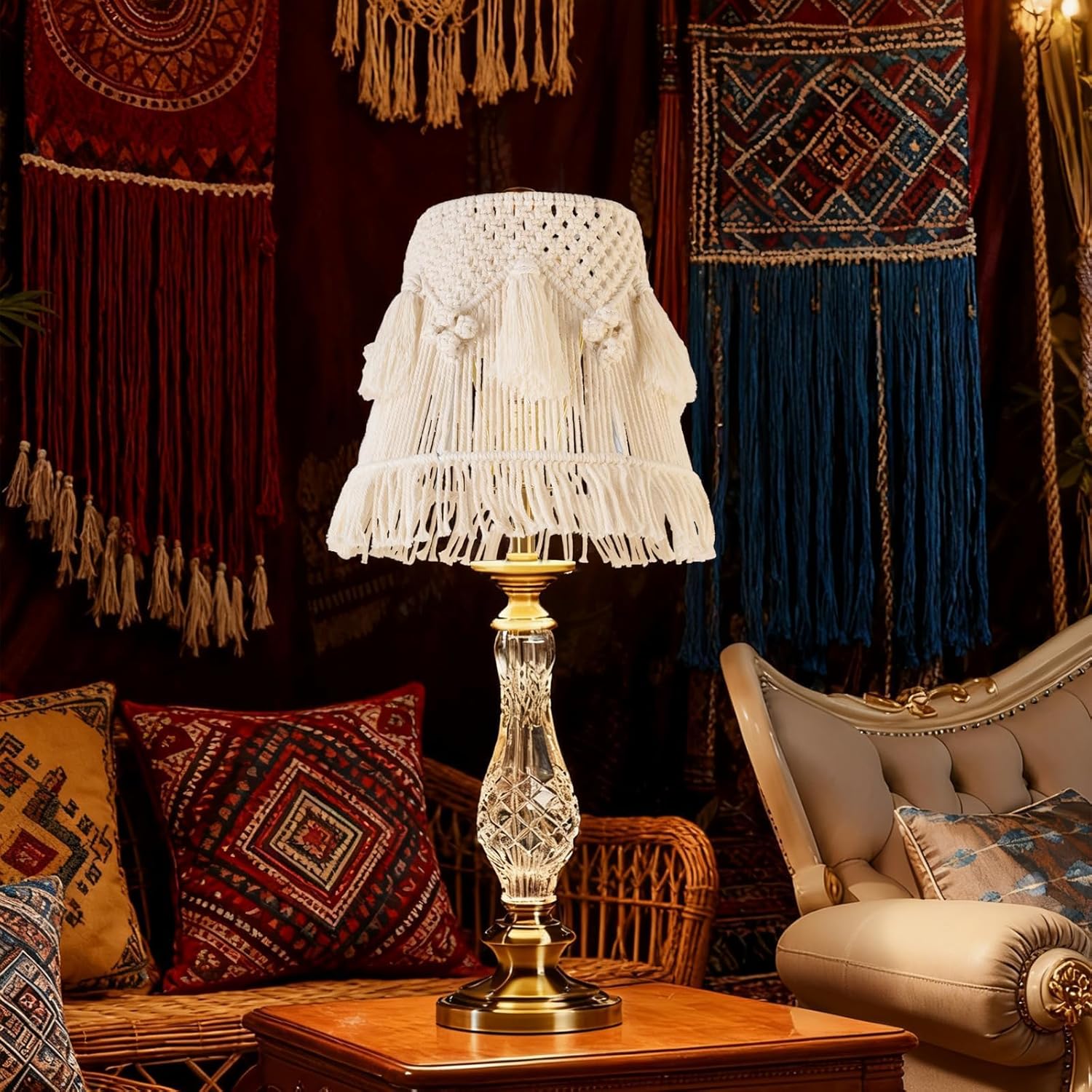 2 Pcs Boho Weave Lamp Shades with Pendant Decoration, Medium Macrame Lampshade, 7.5 x 12 x 11 inch(Spider) Bohemia Tassel Lampshades for Table & Floor Lamp - Easy Installation, Ivory-White
