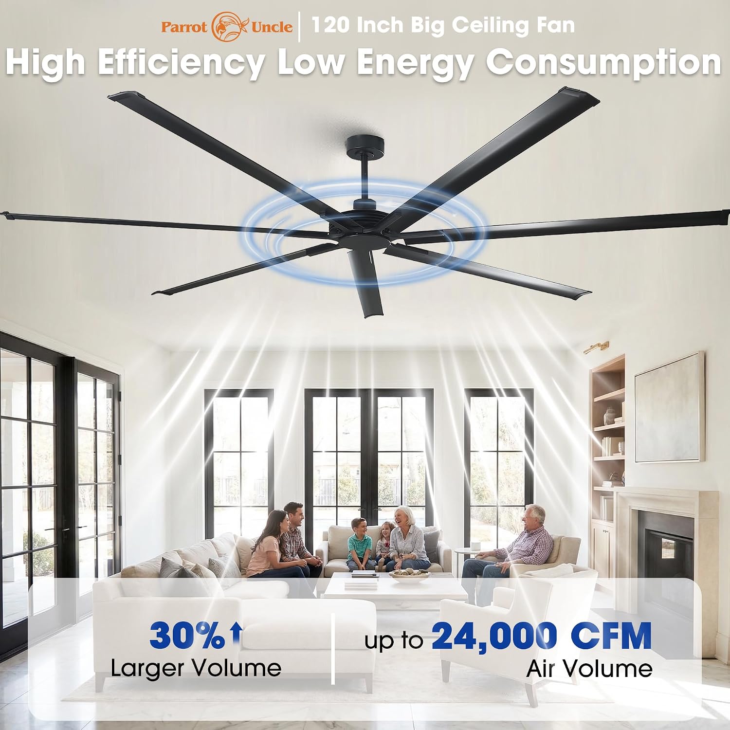 120 Inch Ceiling Fans without Lights, Large Industrial Commercial Shop Fan for Garage Living Room, Outdoor Ceiling Fans for Patios, Remote Control, 7 Aluminum Blades, 6-Speed Quiet DC Motor, Black