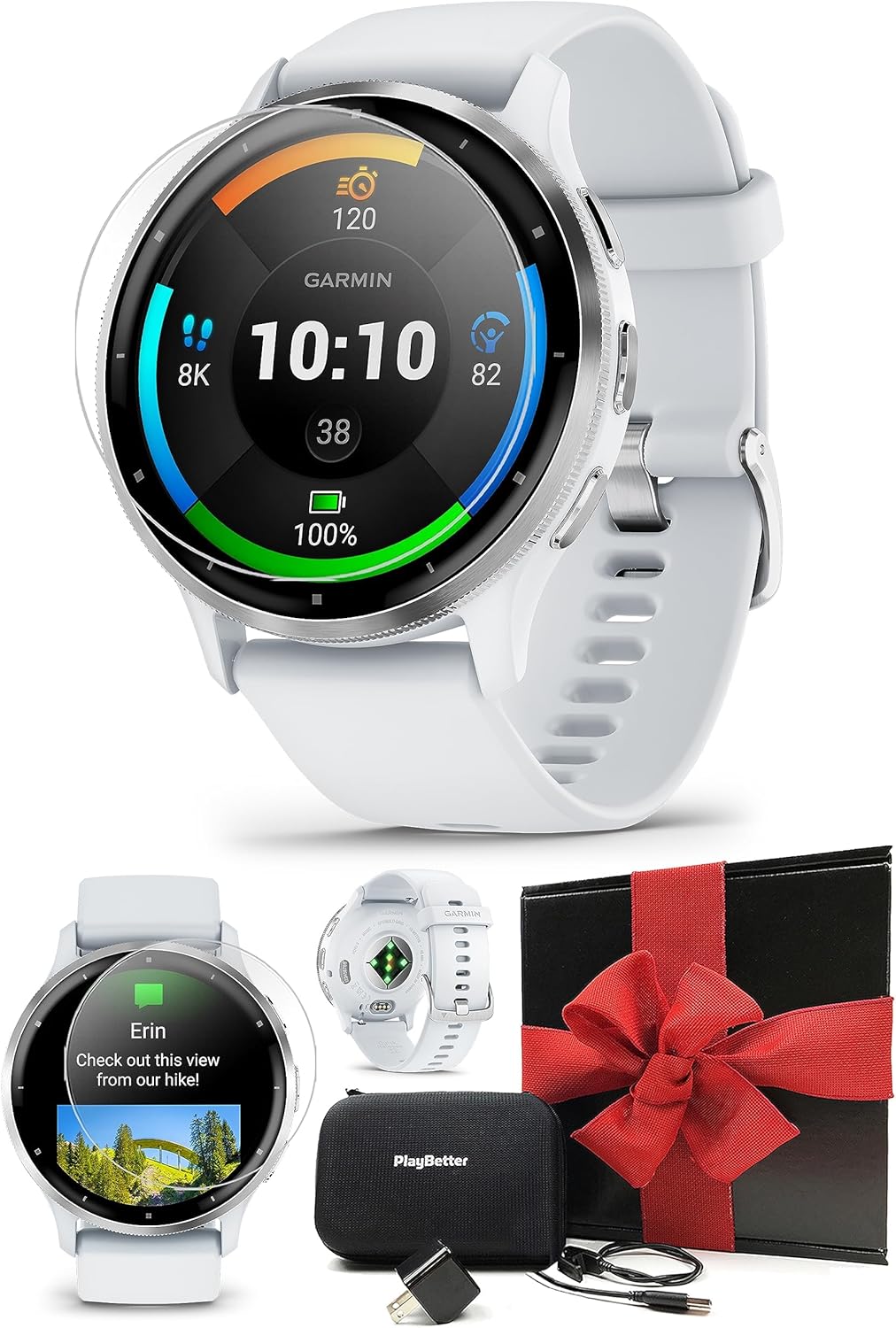 PlayBetter Garmin Venu 3 (Silver/Whitestone) Fitness GPS Smartwatch Gift Box Bundle - AMOLED Touchscreen, 10 Days of Battery & On-Wrist Texting - Includes Screen Protectors, Wall Adapter & Case