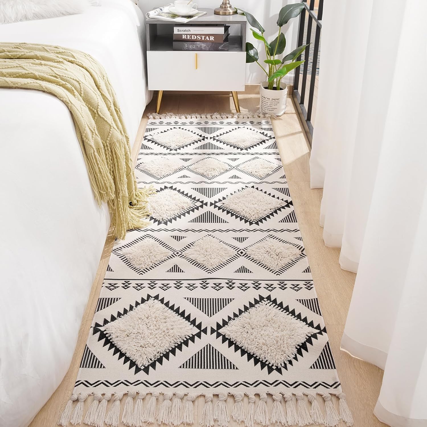 Hand Woven 100% Cotton Tufted Runner Rug | Reversible Soft Floor Carpet for Hallway, Living Room, Bedroom, Kitchen & Entryway | Washable, Durable 2x5 Feet (60x152 cm) - (Black & Natural White)-image-44