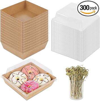 300 Pcs Paper Charcuterie Boxes With Clear Lids And Bamboo Skewers | Disposable Food Boxes For Pastries, Desserts, Cookies, Salads, Sandwiches, Charcuterie And Bakery Takeout