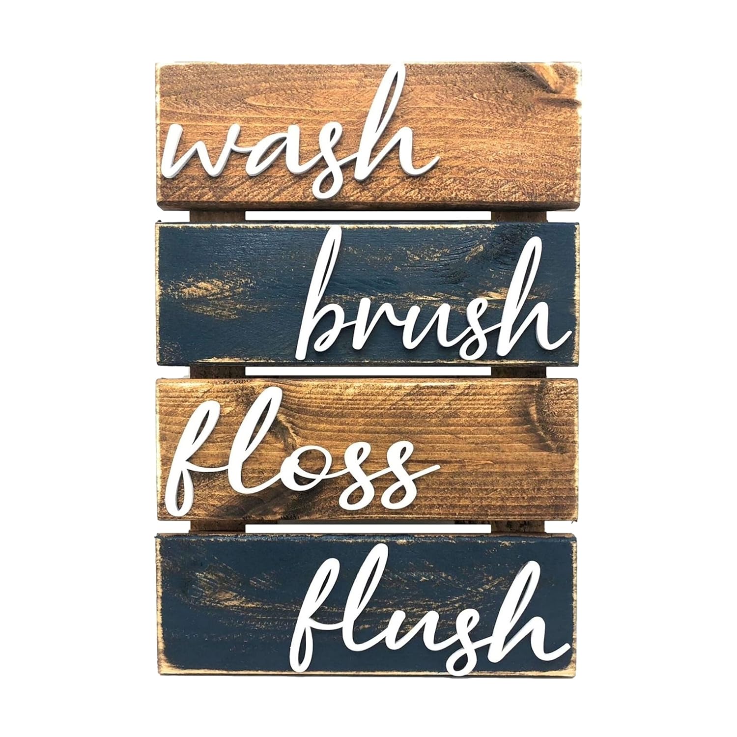 The Luua Company - Farmhouse Bathroom Wall Decor - 10x15 Wash Brush Floss Flush Navy Blue and Brown Rustic Wooden Hanging Sign With Real 3D Wood Lettering -